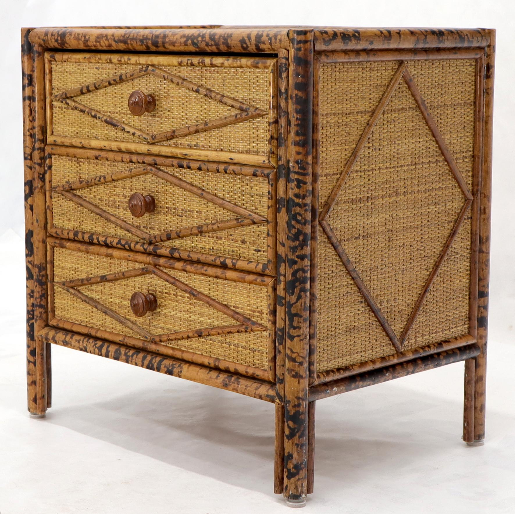 Pair of Burnt Bamboo and Rattan Three-Drawer Small Chests End Table Stands 2