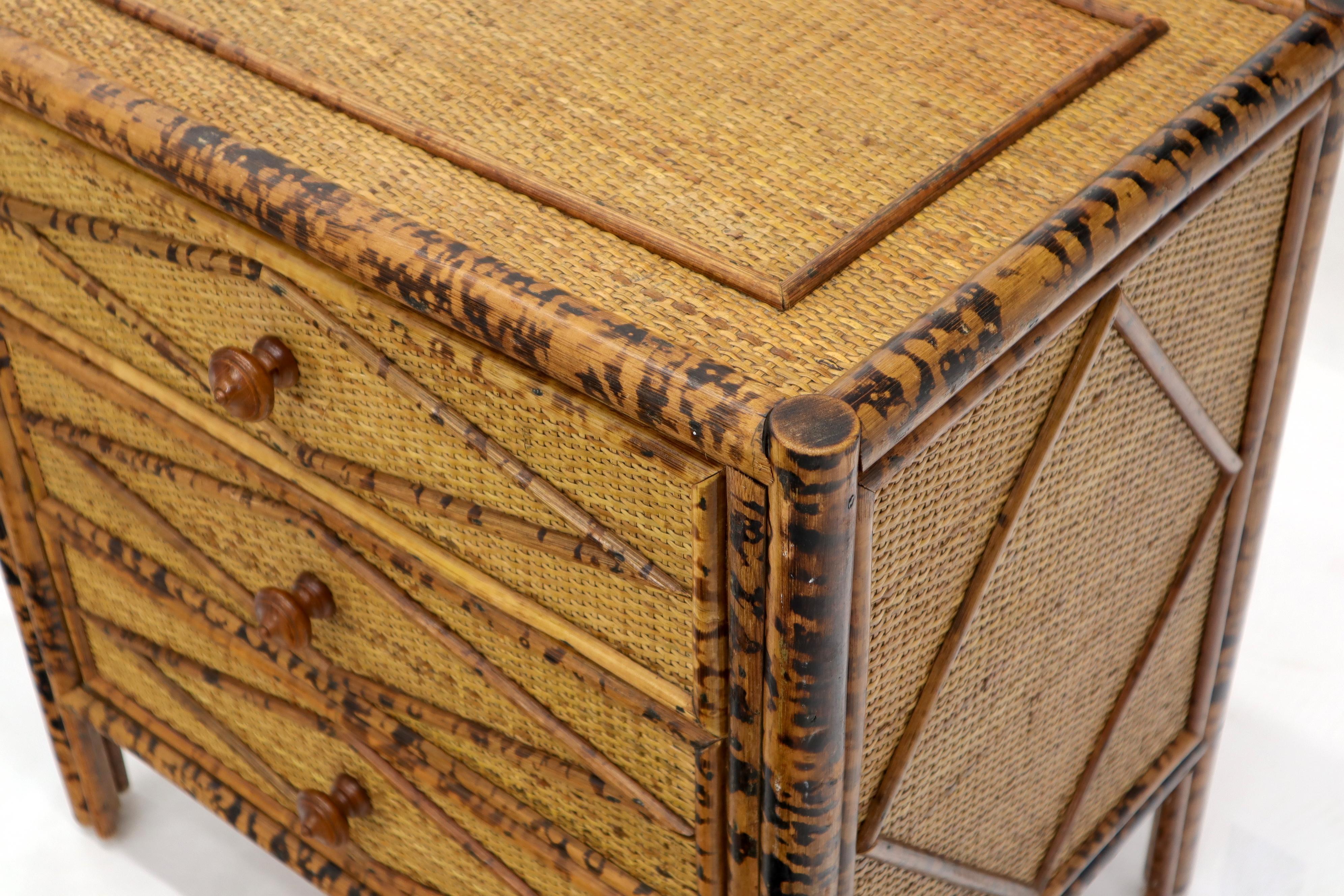 Pair of Burnt Bamboo and Rattan Three-Drawer Small Chests End Table Stands 3