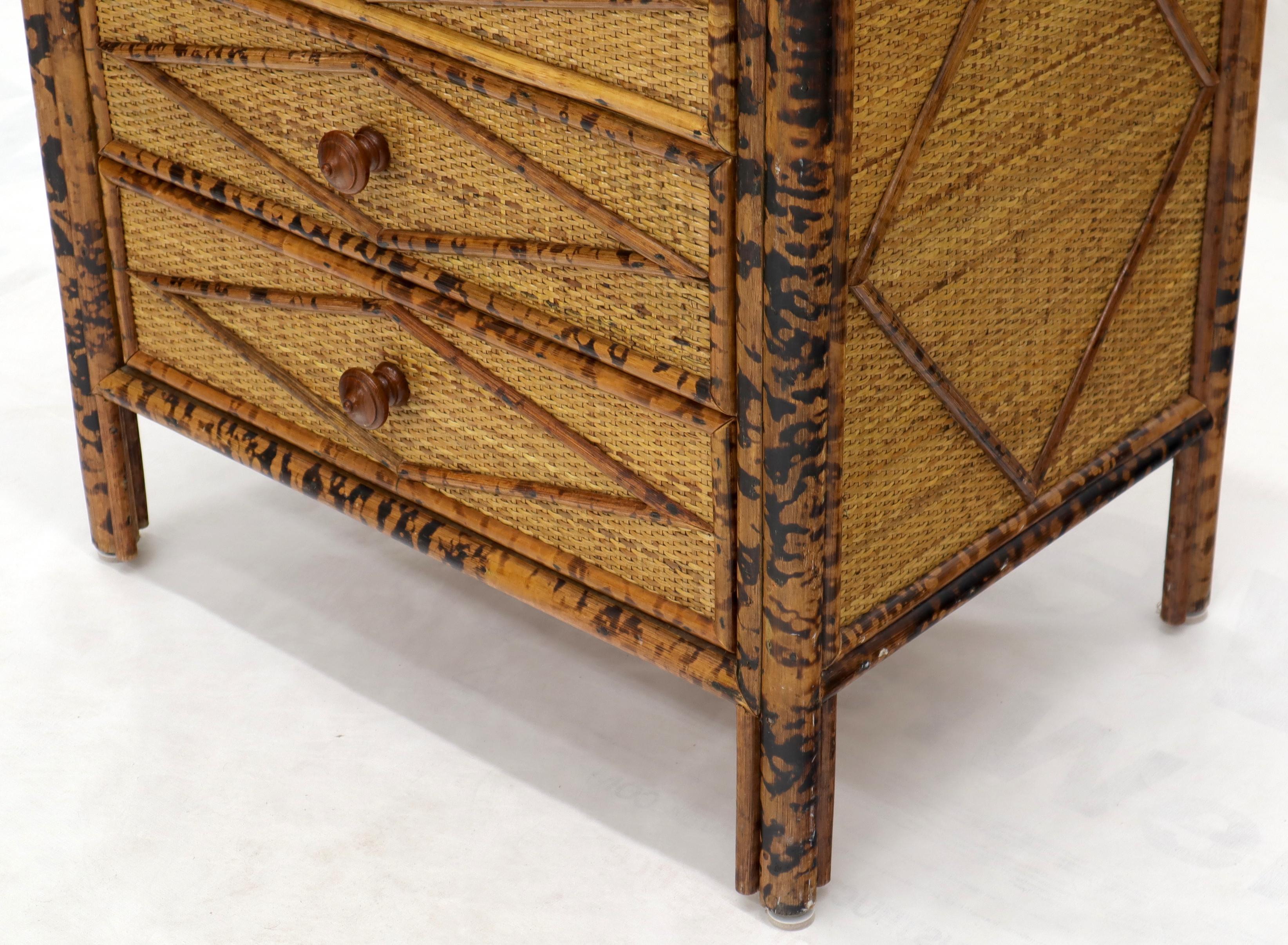 Pair of Burnt Bamboo and Rattan Three-Drawer Small Chests End Table Stands 4