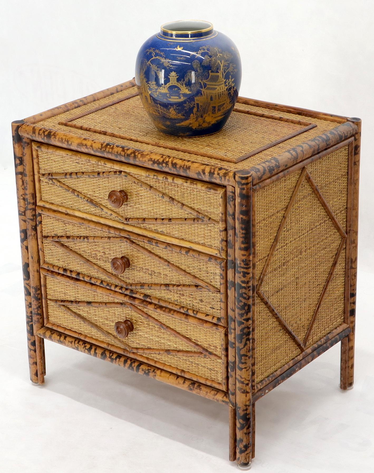 Pair of Burnt Bamboo and Rattan Three-Drawer Small Chests End Table Stands 6