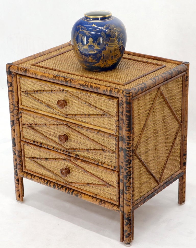 Pair of Burnt Bamboo and Rattan ThreeDrawer Small Chests End Table