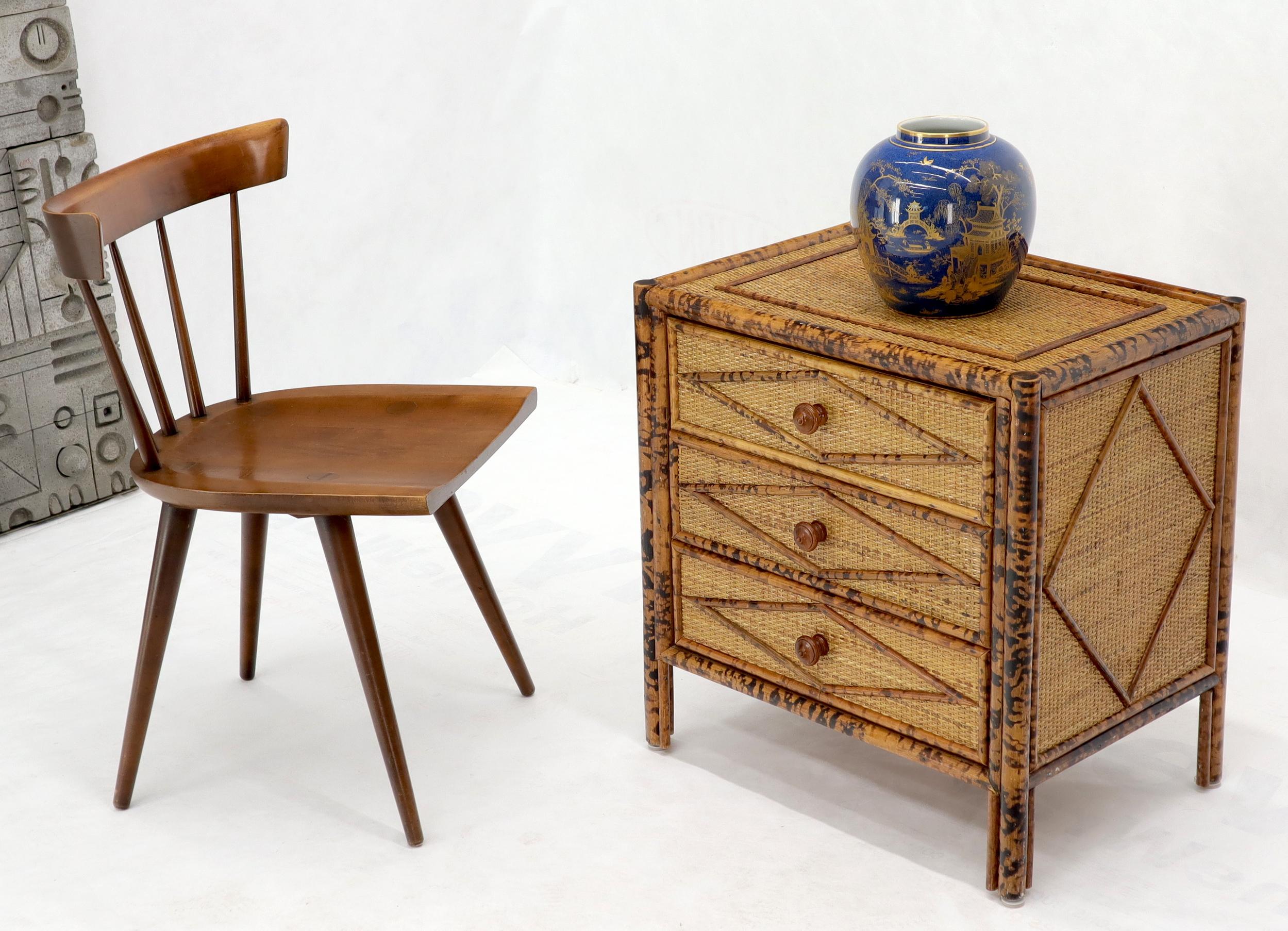 Pair of decorative burnt bamboo diamond pattern small chest or end tables or nightstands.