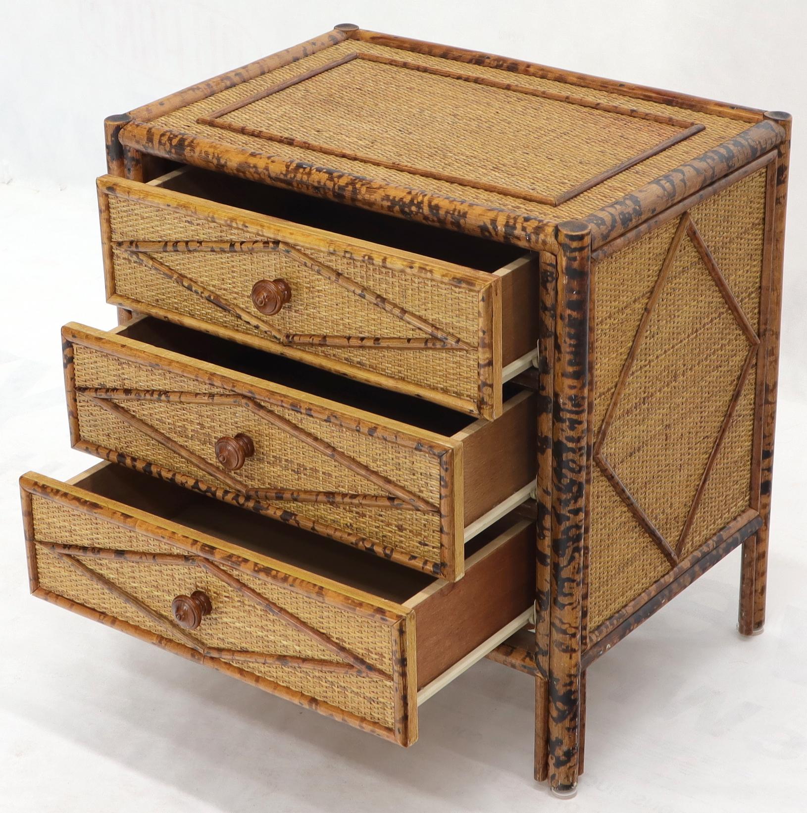 Mid-Century Modern Pair of Burnt Bamboo and Rattan Three-Drawer Small Chests End Table Stands