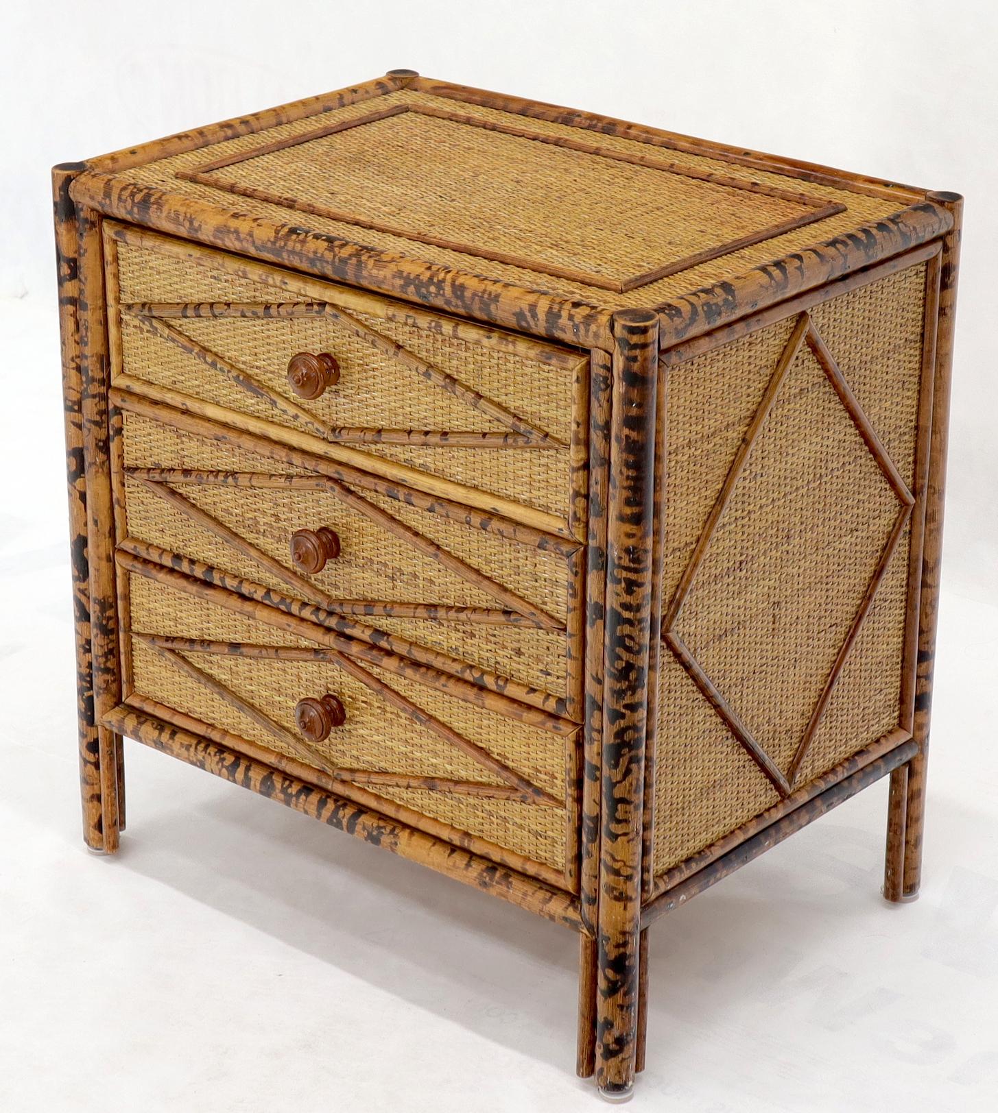Hong Kong Pair of Burnt Bamboo and Rattan Three-Drawer Small Chests End Table Stands