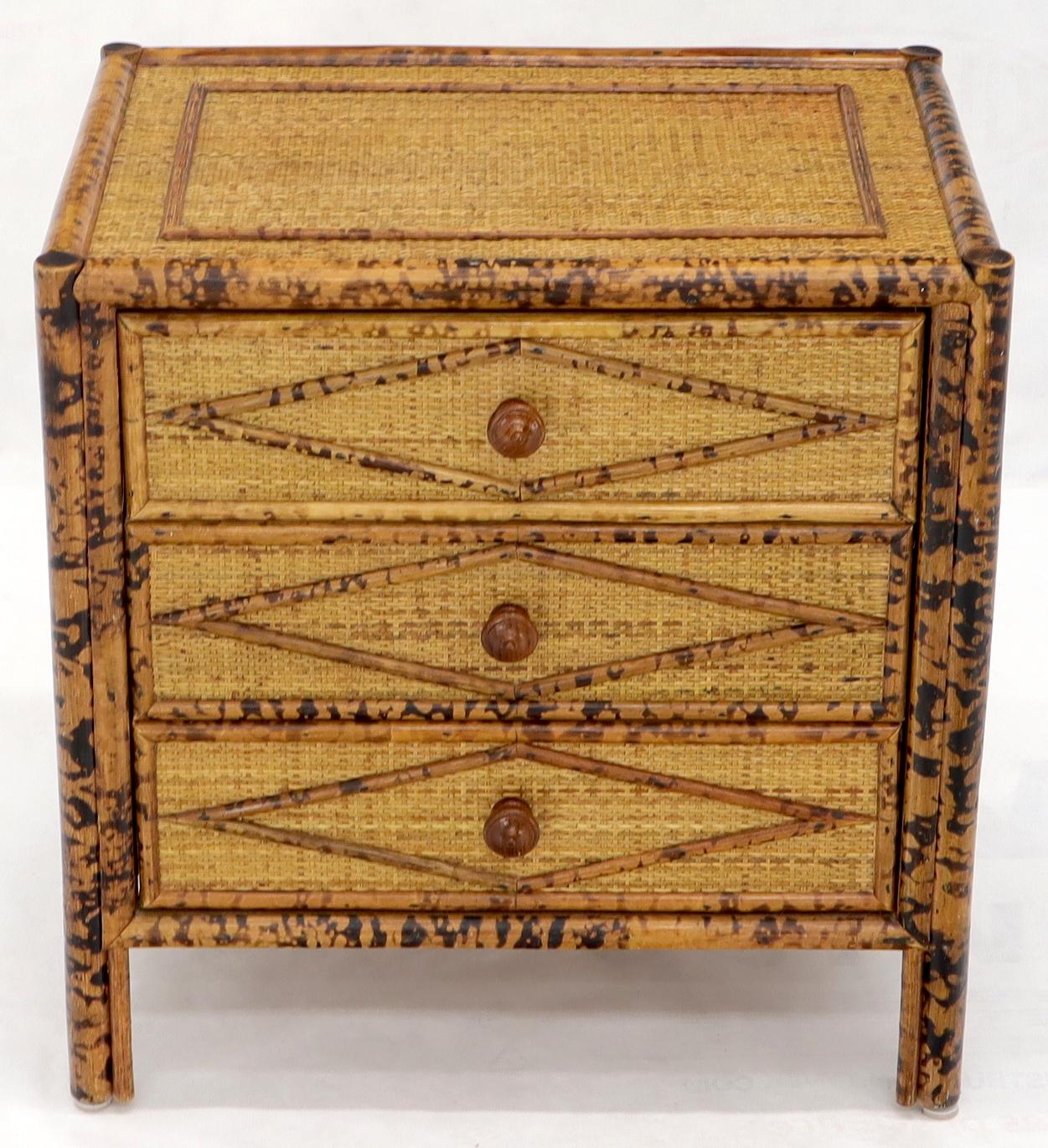 Pair of Burnt Bamboo and Rattan Three-Drawer Small Chests End Table Stands In Excellent Condition In Rockaway, NJ