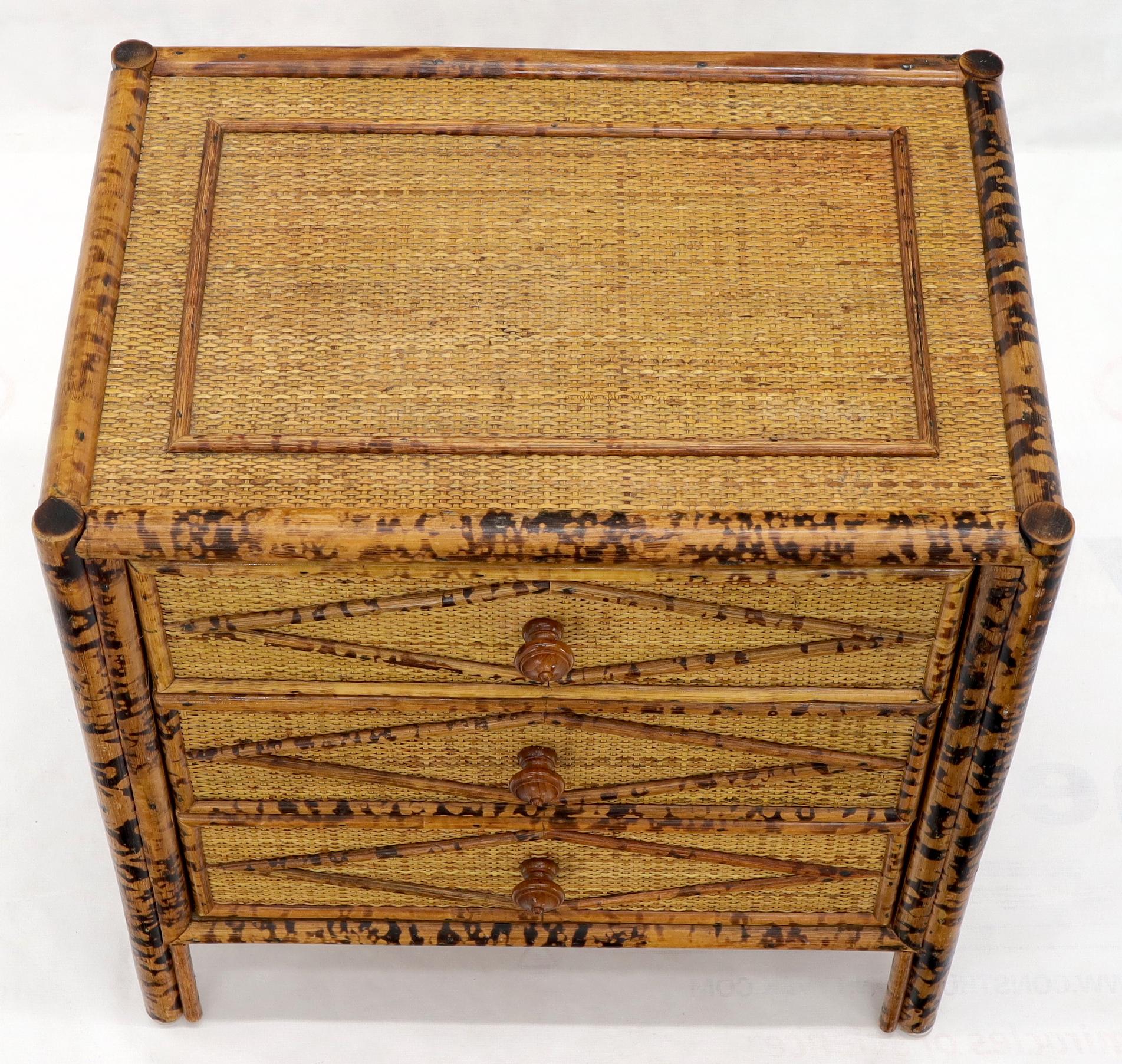 20th Century Pair of Burnt Bamboo and Rattan Three-Drawer Small Chests End Table Stands
