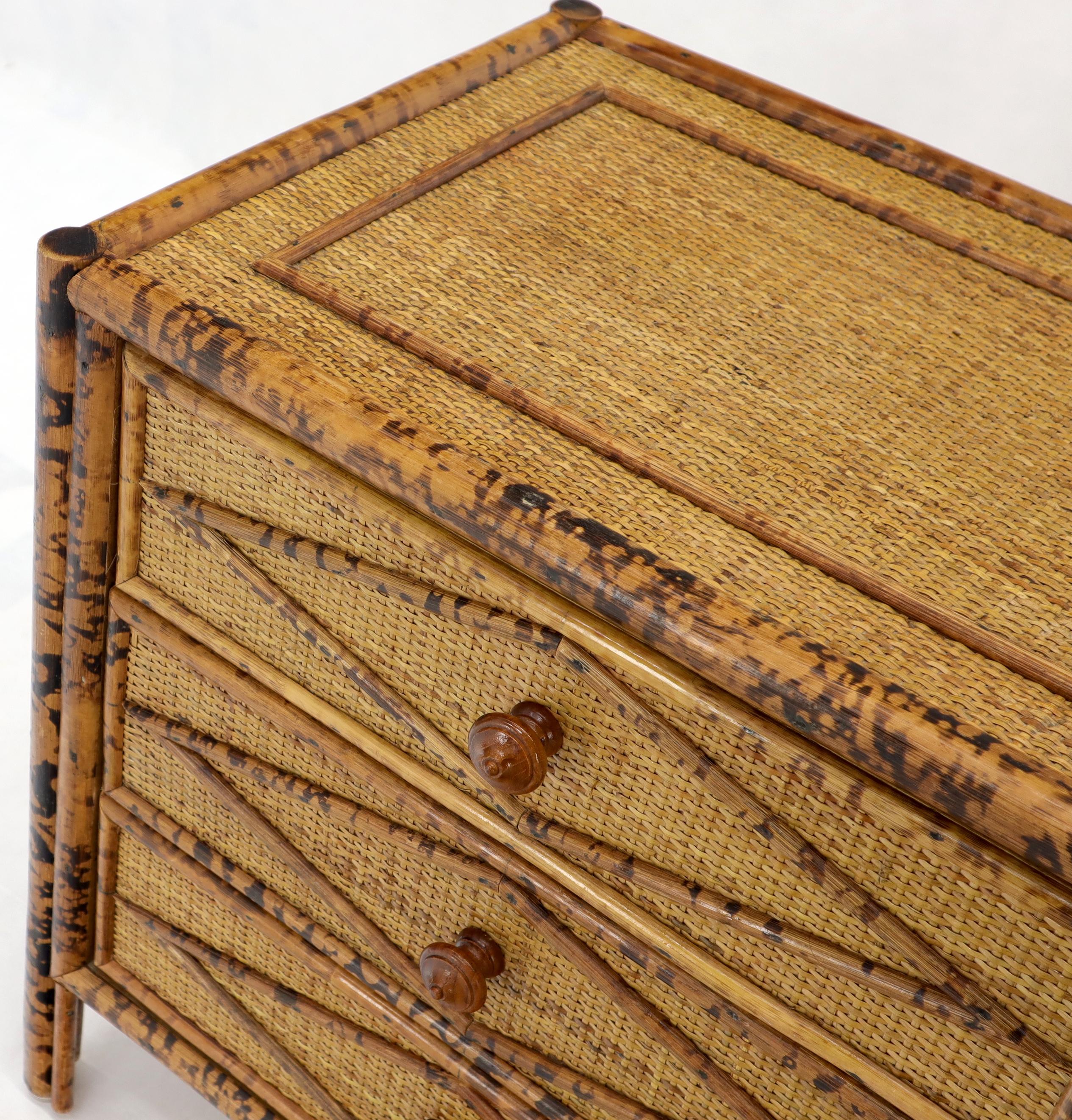 Pair of Burnt Bamboo and Rattan Three-Drawer Small Chests End Table Stands 1