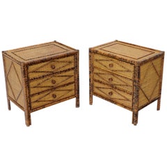 Pair of Burnt Bamboo and Rattan Three-Drawer Small Chests End Table Stands