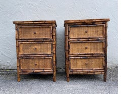 Pair of Burnt Bamboo Three Drawer Nightstands