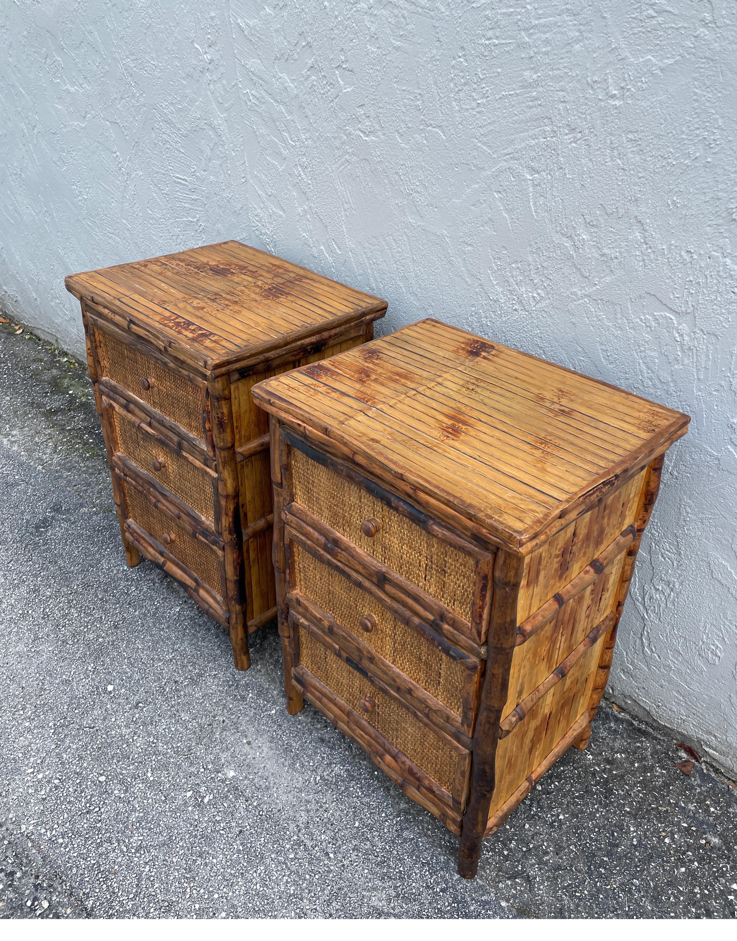 Pair of Burnt Bamboo Three Drawer Nightstands In Good Condition In West Palm Beach, FL