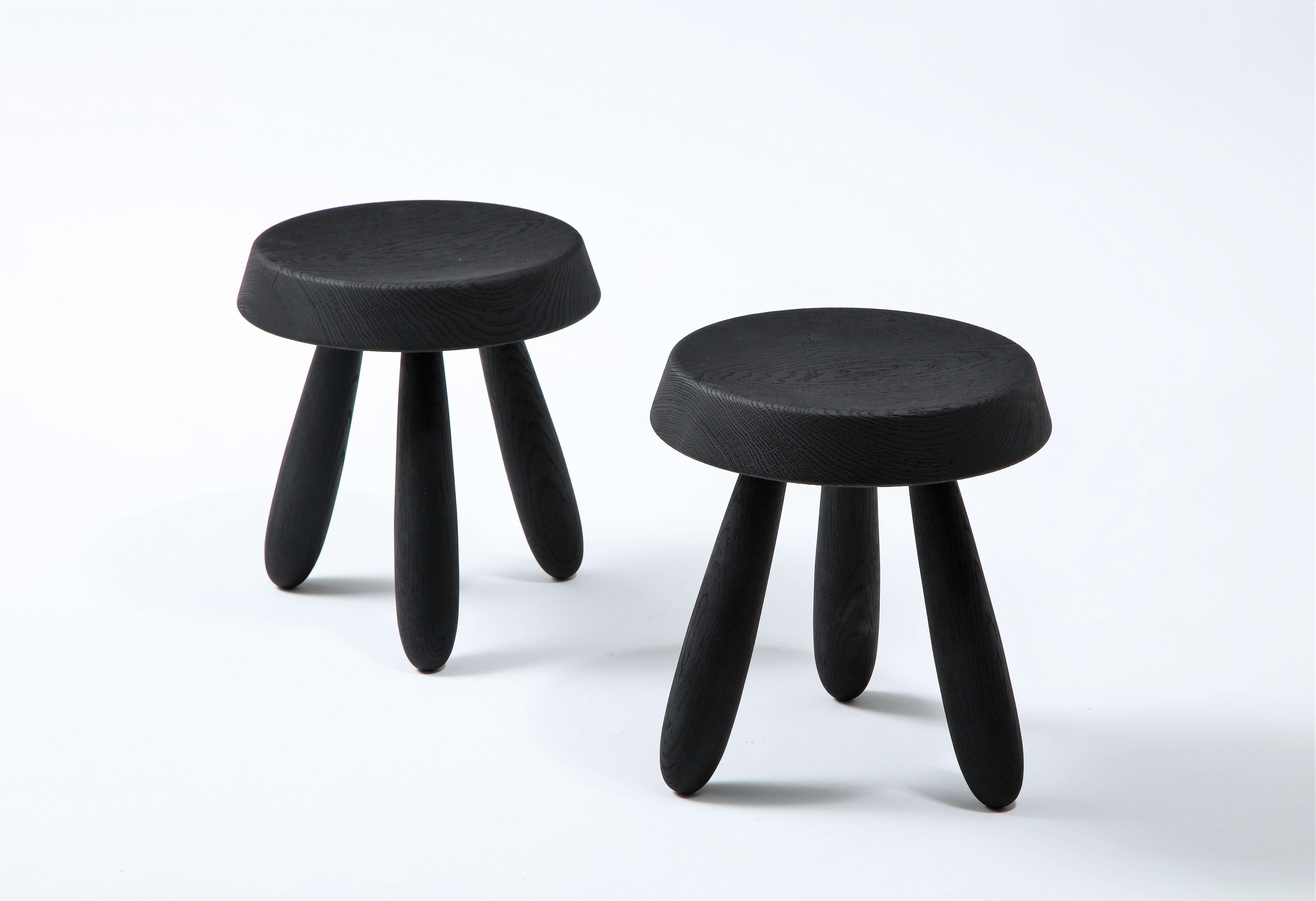 Pair of Burnt Oak Tripod Stools by Douglas Mont for Facto Atelier Paris In New Condition For Sale In Chicago, IL
