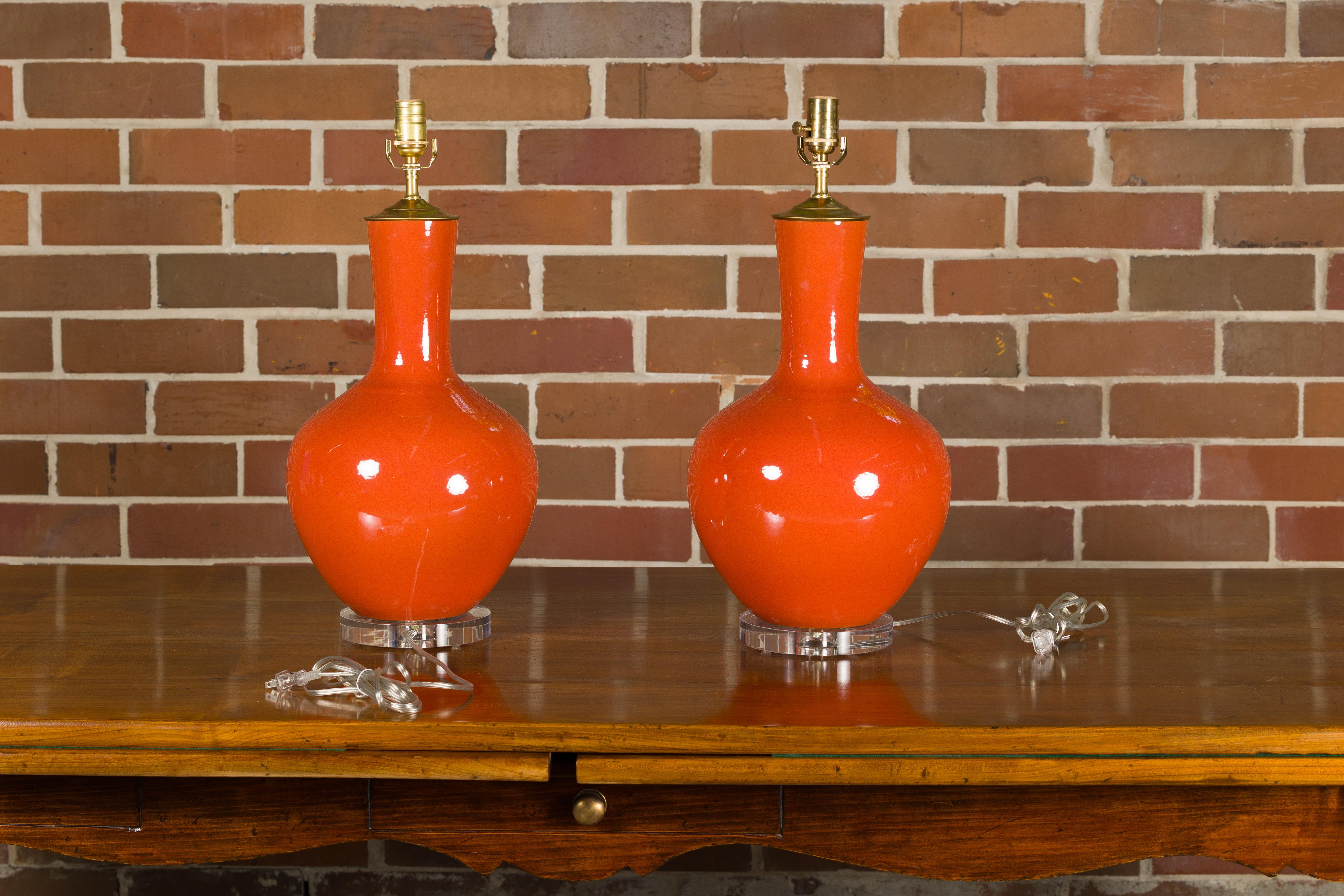Pair of Burnt Orange Asian Porcelain Table Lamps on Lucite Bases, USA Wired For Sale 8