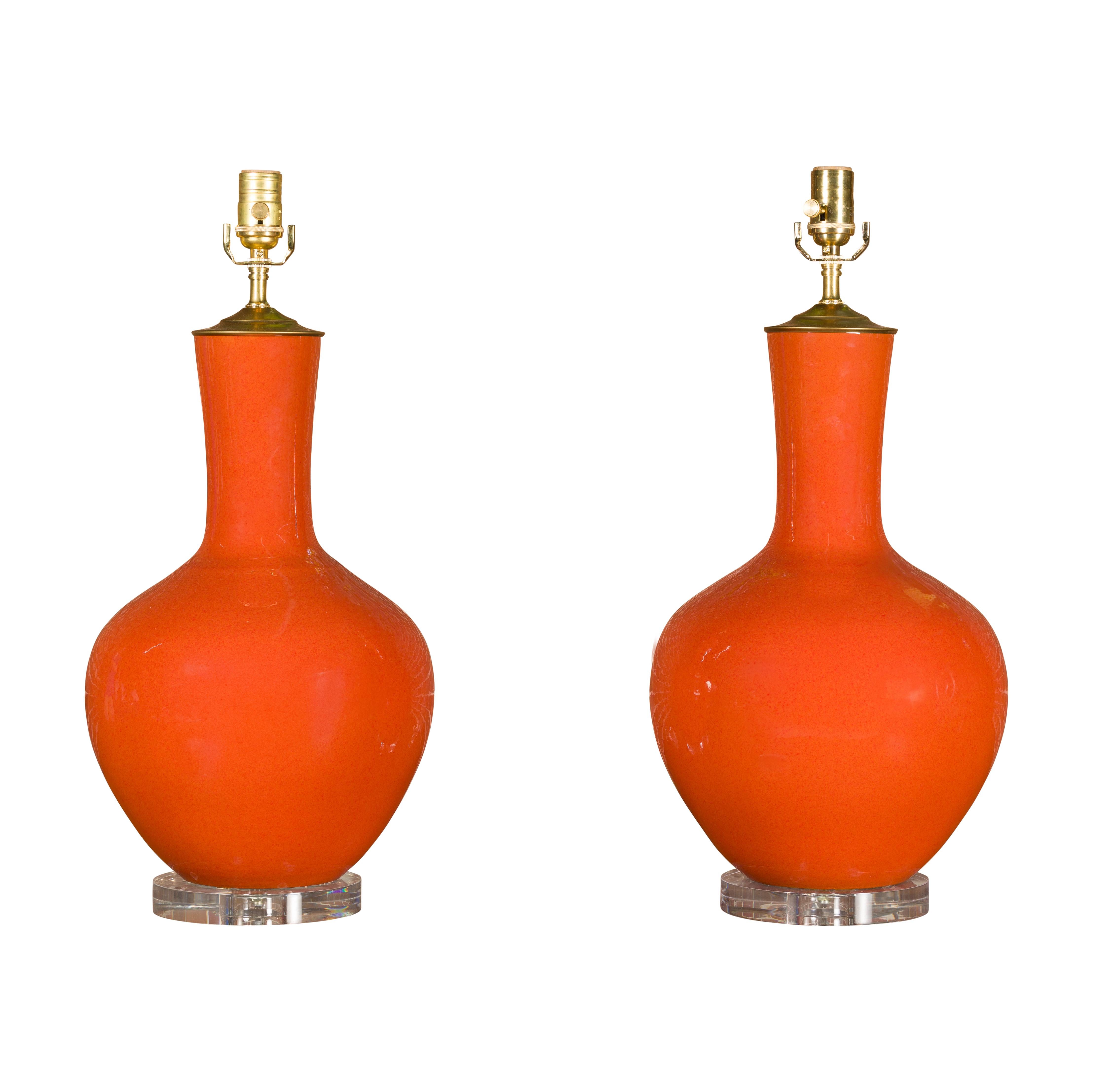 Pair of Burnt Orange Asian Porcelain Table Lamps on Lucite Bases, USA Wired For Sale 11