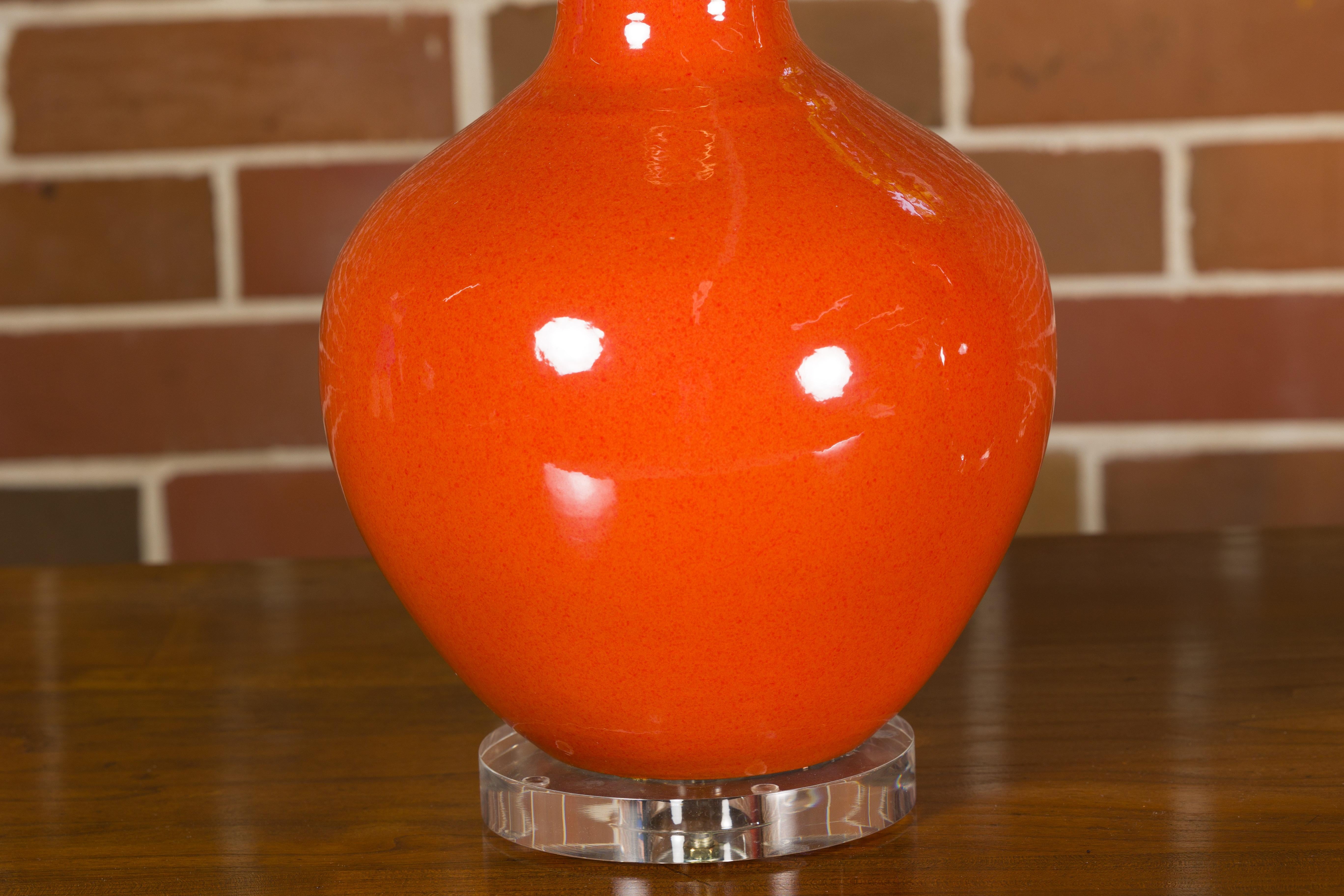 Pair of Burnt Orange Asian Porcelain Table Lamps on Lucite Bases, USA Wired For Sale 2