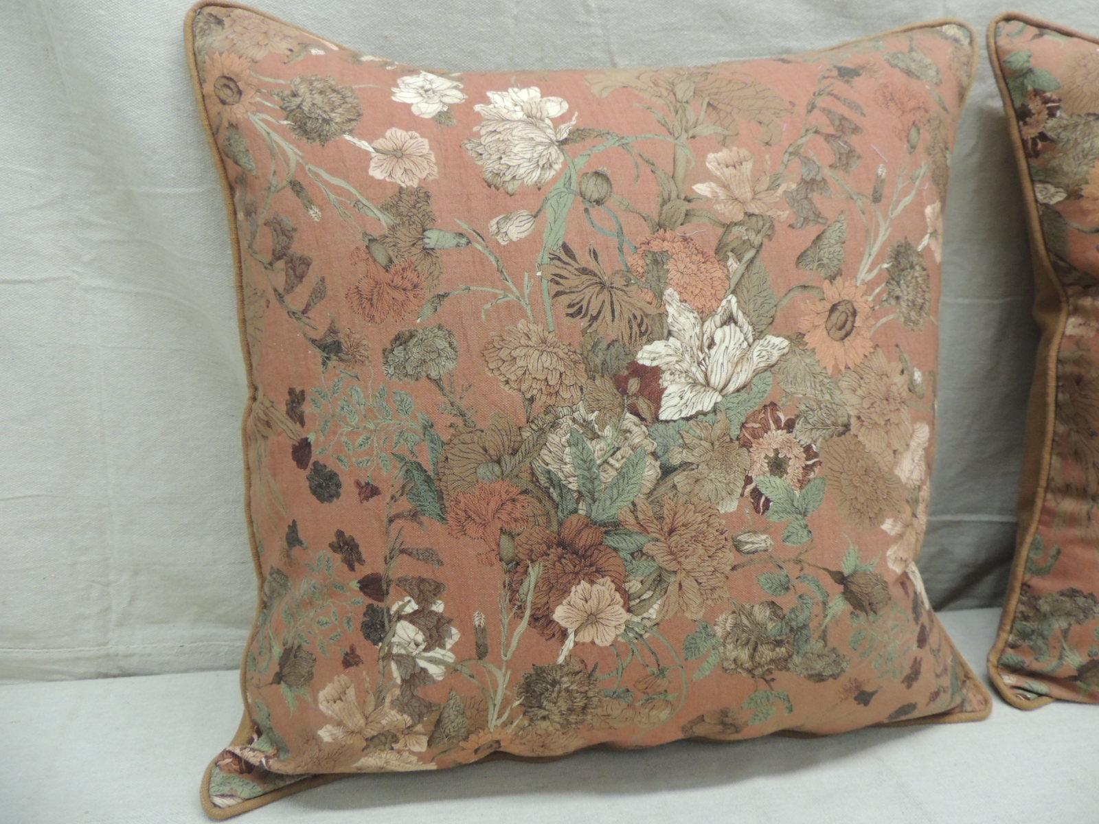 Pair of burnt orange floral square modern decorative pillows
Floral bouquets pillows with soft burnt orange textured linen backings and self welt.
Decorative pillow handcrafted and designed in the USA. 
Closure by stitch (no zipper closure)