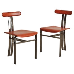 Pair of Burnt Orange Leather + Chrome Frame Chairs, Italy 1970s