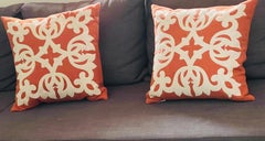 Pair of Burnt Orange Wool with Applique Feather Down Pillows