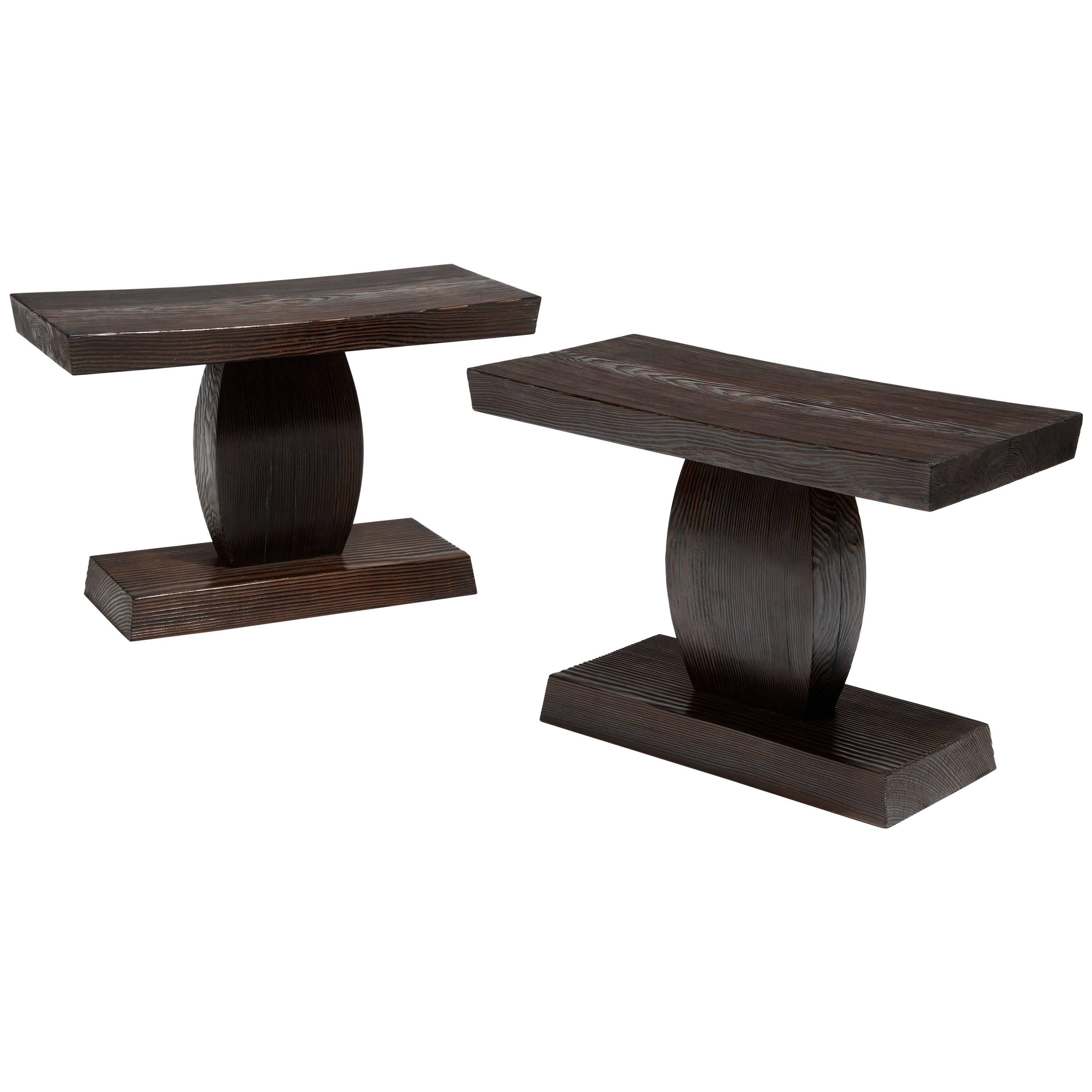 Pair of Burnt Pinewood Stools by WH Studio