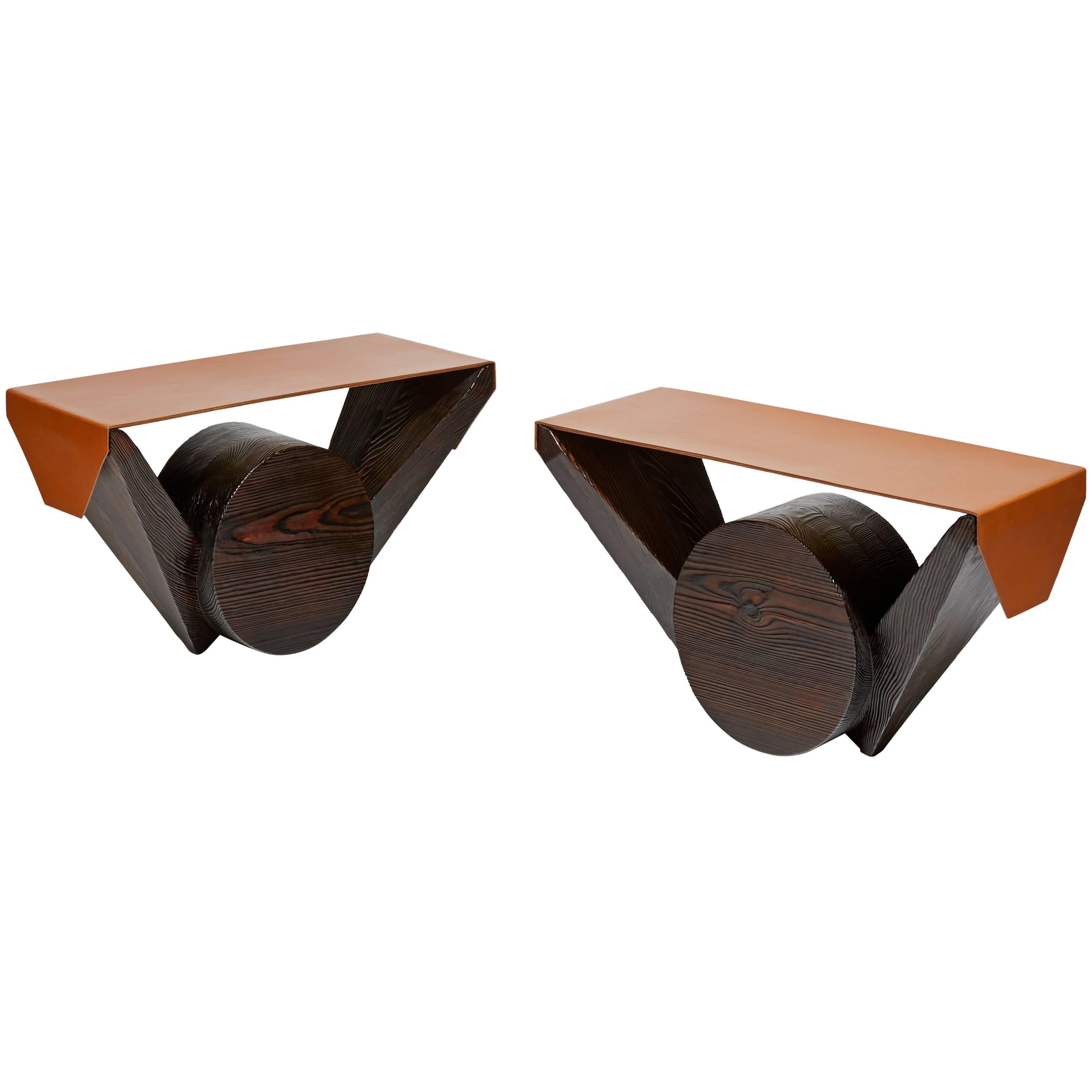 Pair of Burnt Pinewood Stools with a Seat in Havana Leather