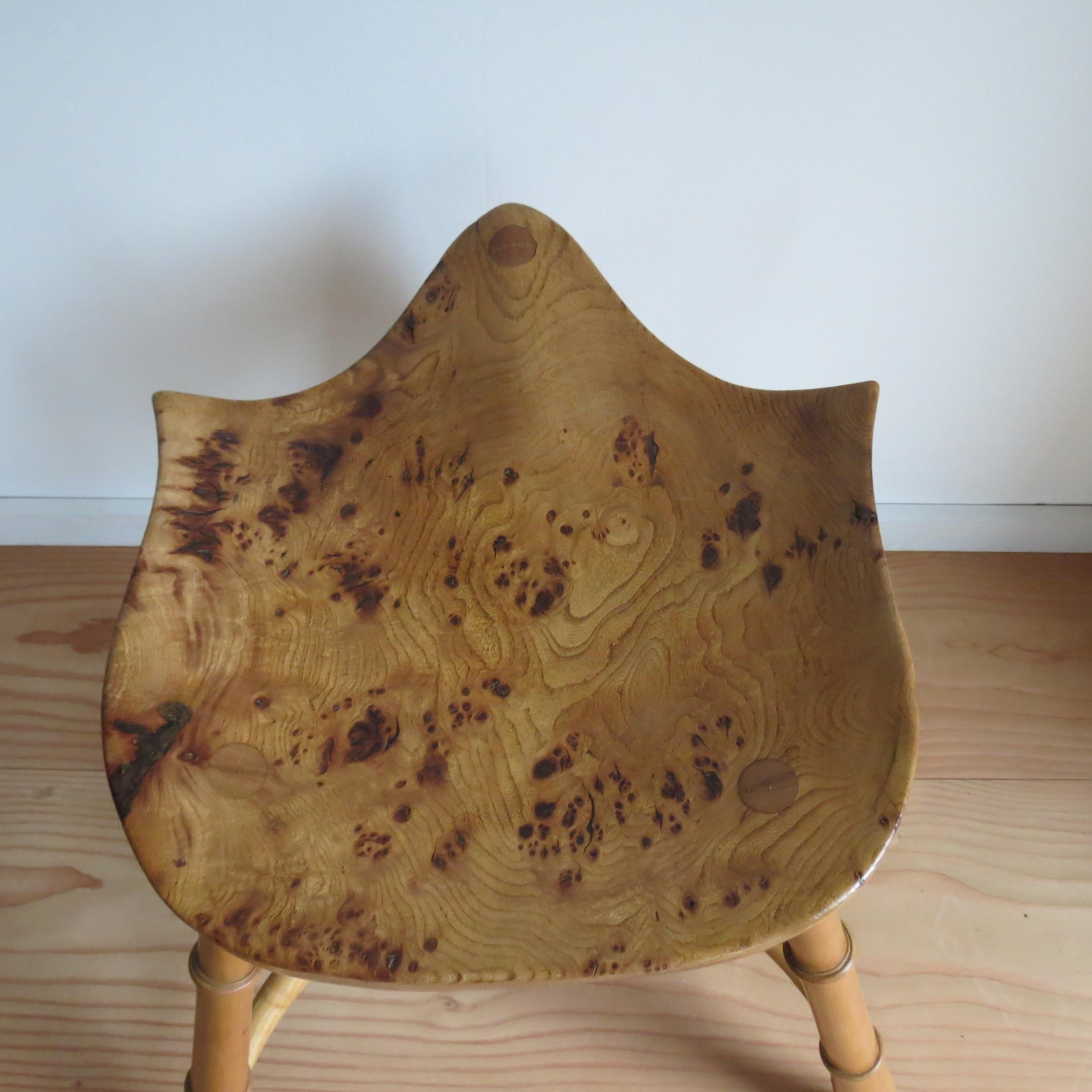 Pair of Burr Ash Three Legged Stools Bespoke Made by Stewart Linford 3