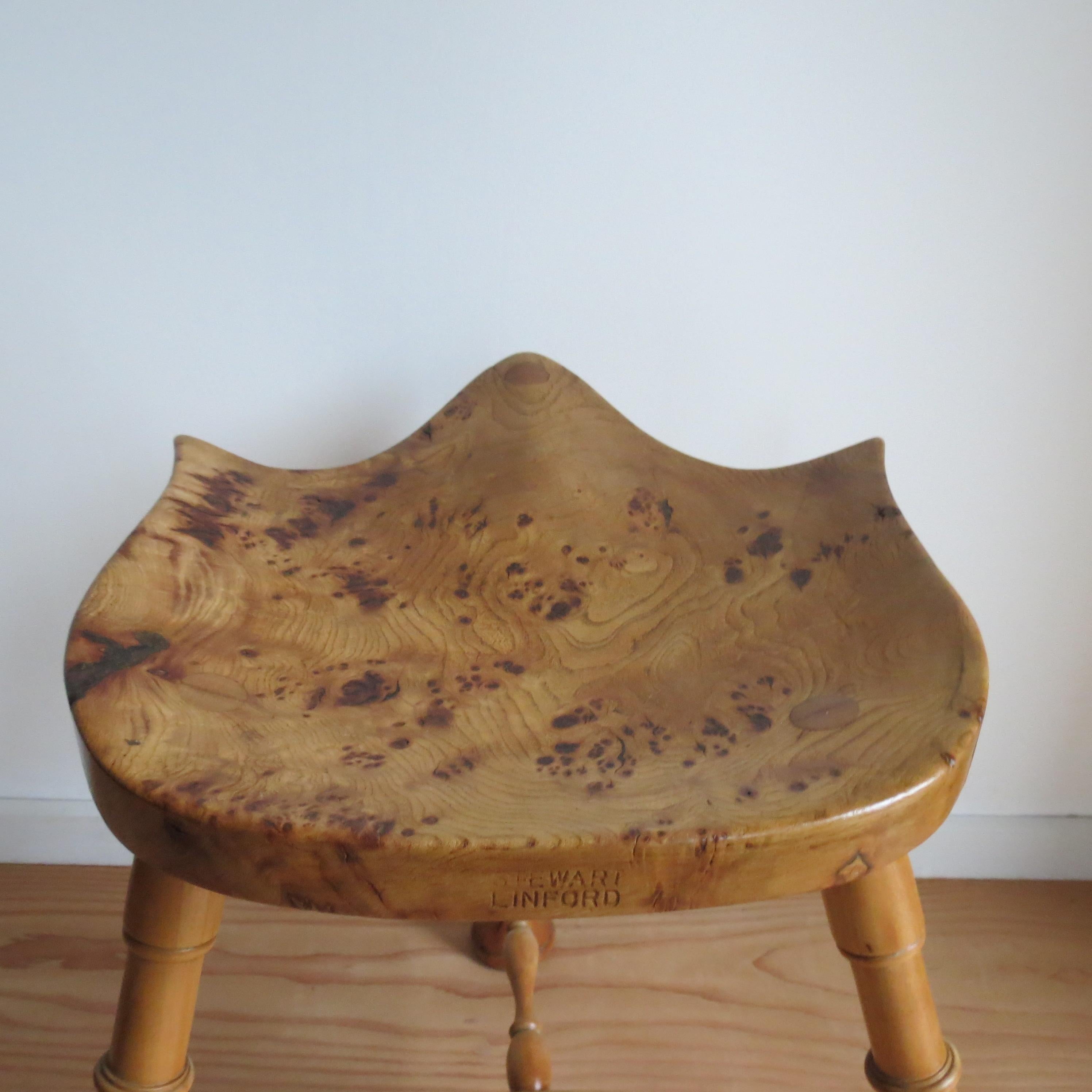 Pair of Burr Ash Three Legged Stools Bespoke Made by Stewart Linford 4
