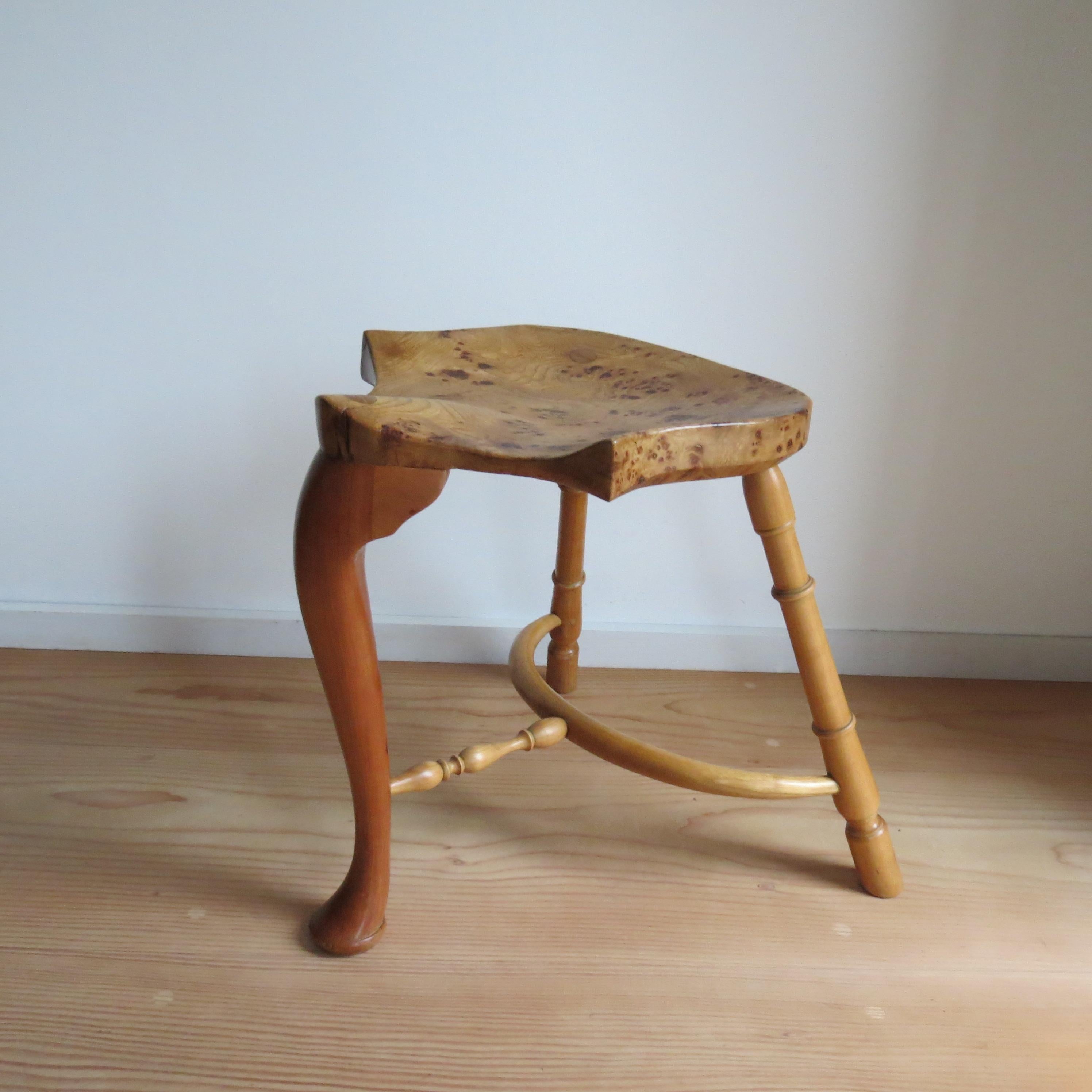 Hand-Crafted Pair of Burr Ash Three Legged Stools Bespoke Made by Stewart Linford