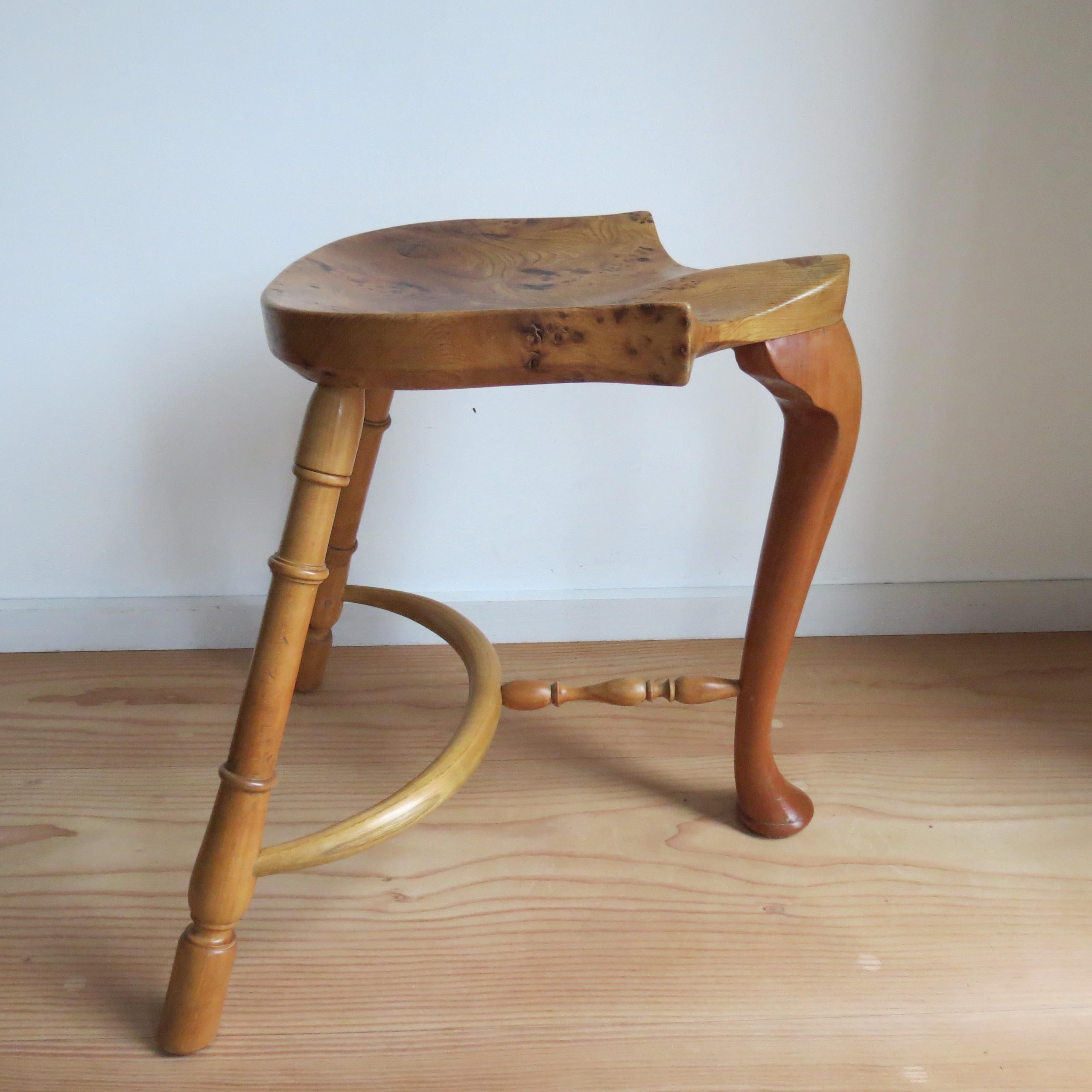 20th Century Pair of Burr Ash Three Legged Stools Bespoke Made by Stewart Linford