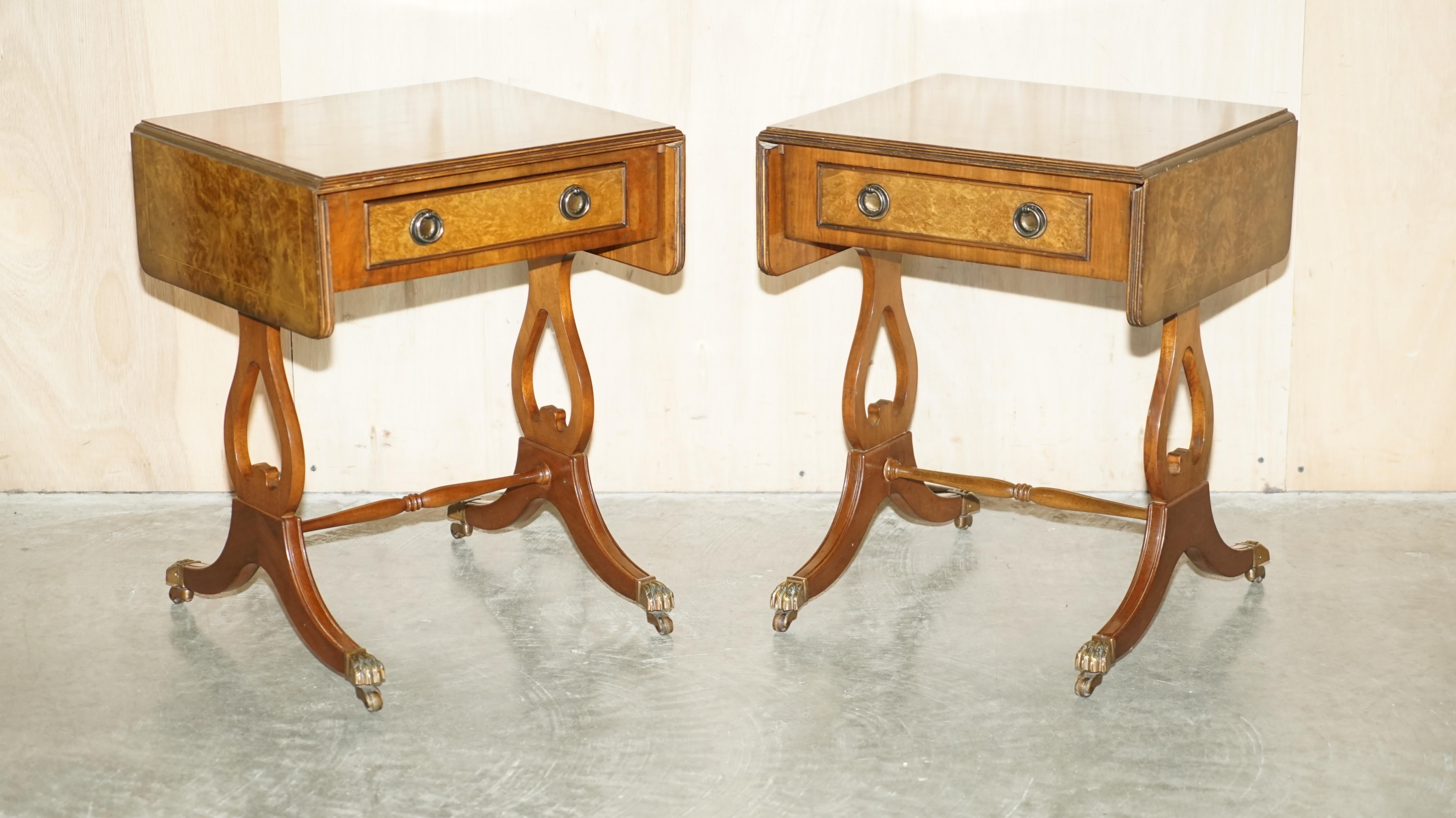 We are delighted to offer for sale this stunning and very rare pair of vintage, Burr & Burl Walnut side tables with extending top and single drawers 

A super decorative and well made pair, I have never seen them in Burr Walnut before, usually its