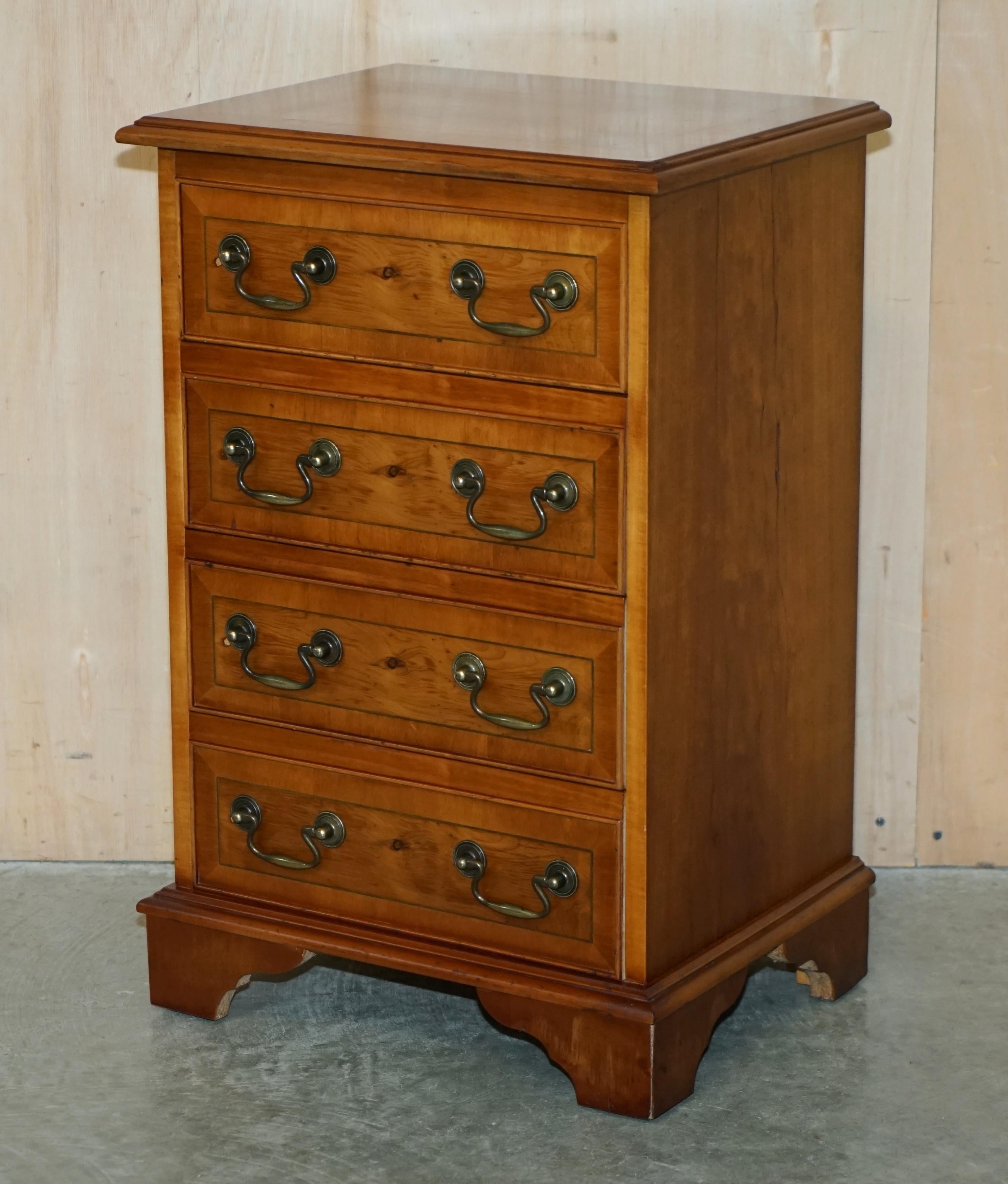 We are delighted to offer for sale this lovely pair of Burr & Burl yew wood, nightstand, bedside table sized chests of drawers

A good looking well made and utilitarian pair, they can sit in just about any room of the house and be useful, the