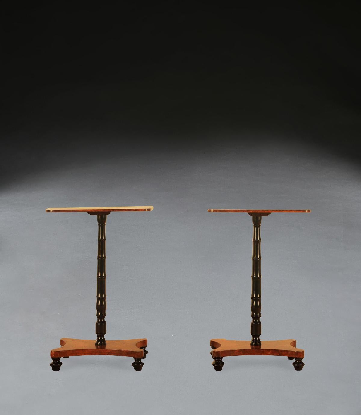 A stylish pair of early C20th occasional/end tables, with elegant burr elm tops raised on elegant column supports and terminating in concave burr elm platform bases, above ebonised turned feet. Circa 1900. Excellent condition and timber.

H: 76 cm