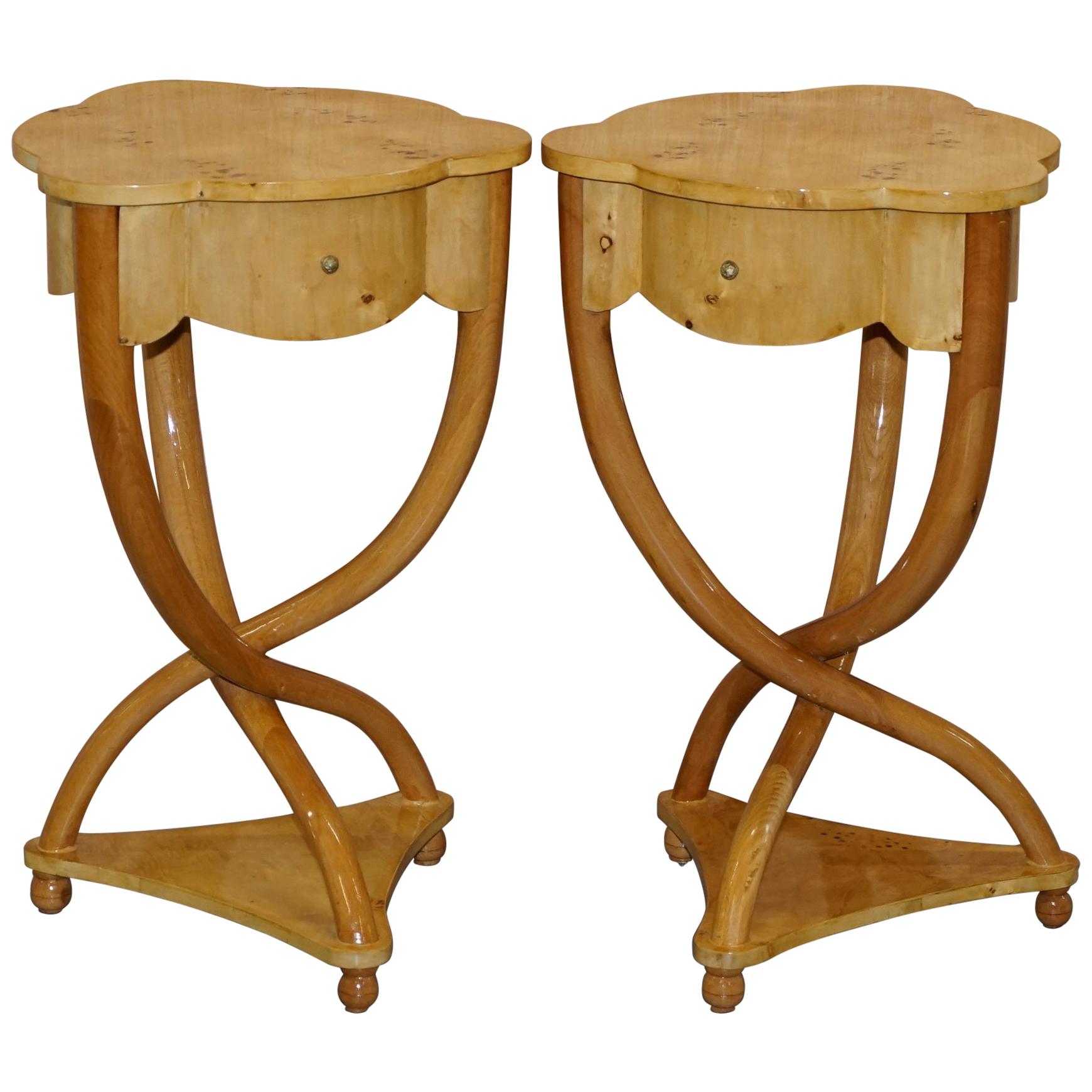 Pair of Burr Maple Ornately Sculpted Art Deco Style Single Drawer Side Tables