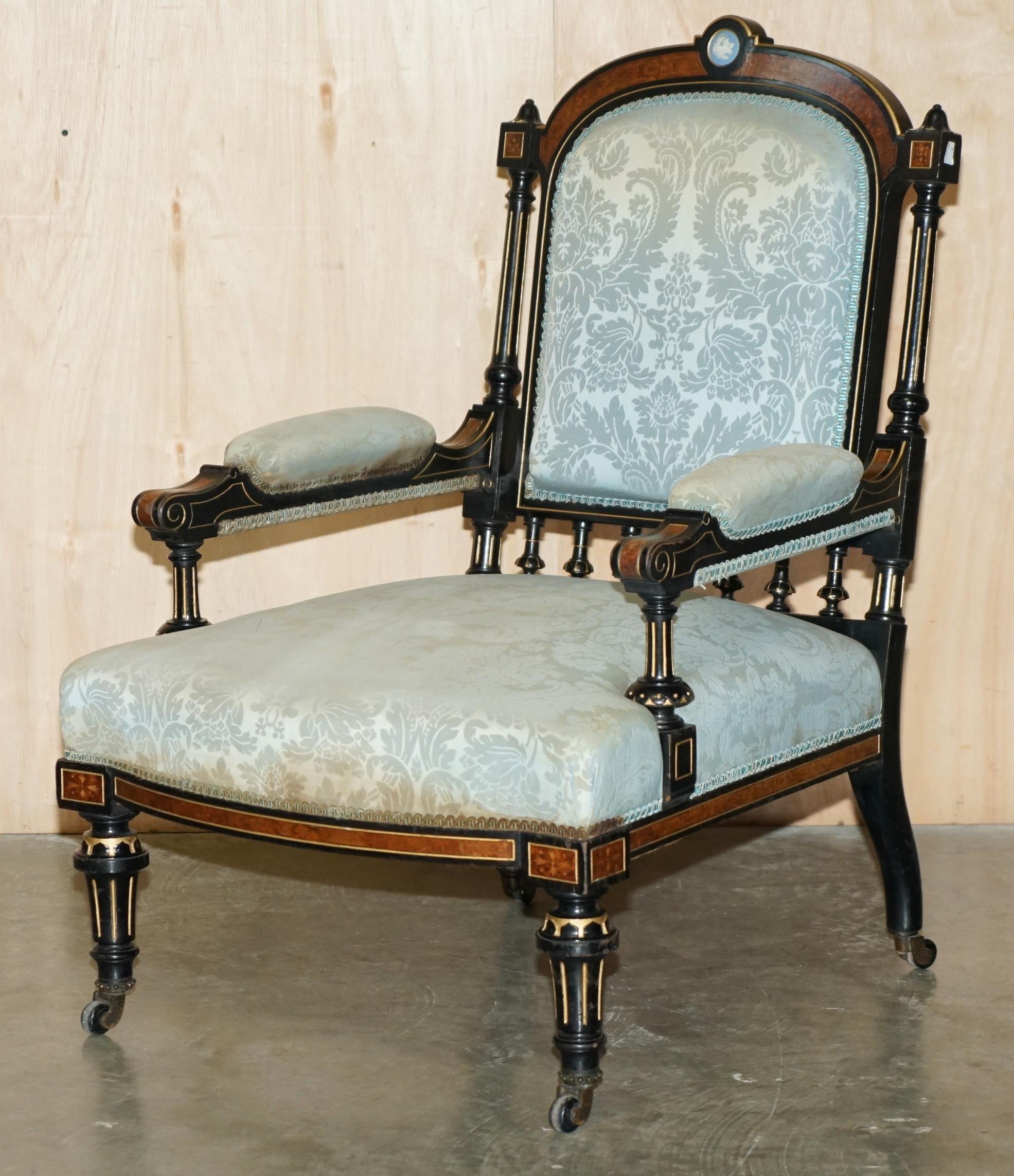 Royal House Antiques


Royal House Antiques is delighted to offer for sale pair of very rare, highly collectable Burr Walnut & Ebony framed Victorian Aesthetic Movement armchairs with a inset Grand Tour plaques that are part of a suite 

Please note