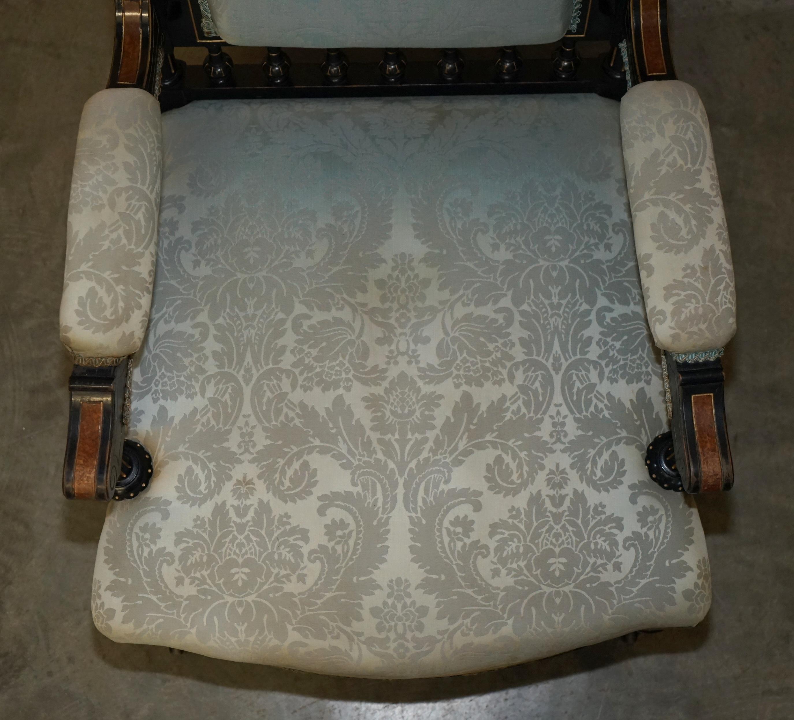 PAIR OF BURR WALNUT AESTHETIC MOVEMENT LIBRARY ARMCHAIRS WITH GRAND TOUR PLAQUEs For Sale 1