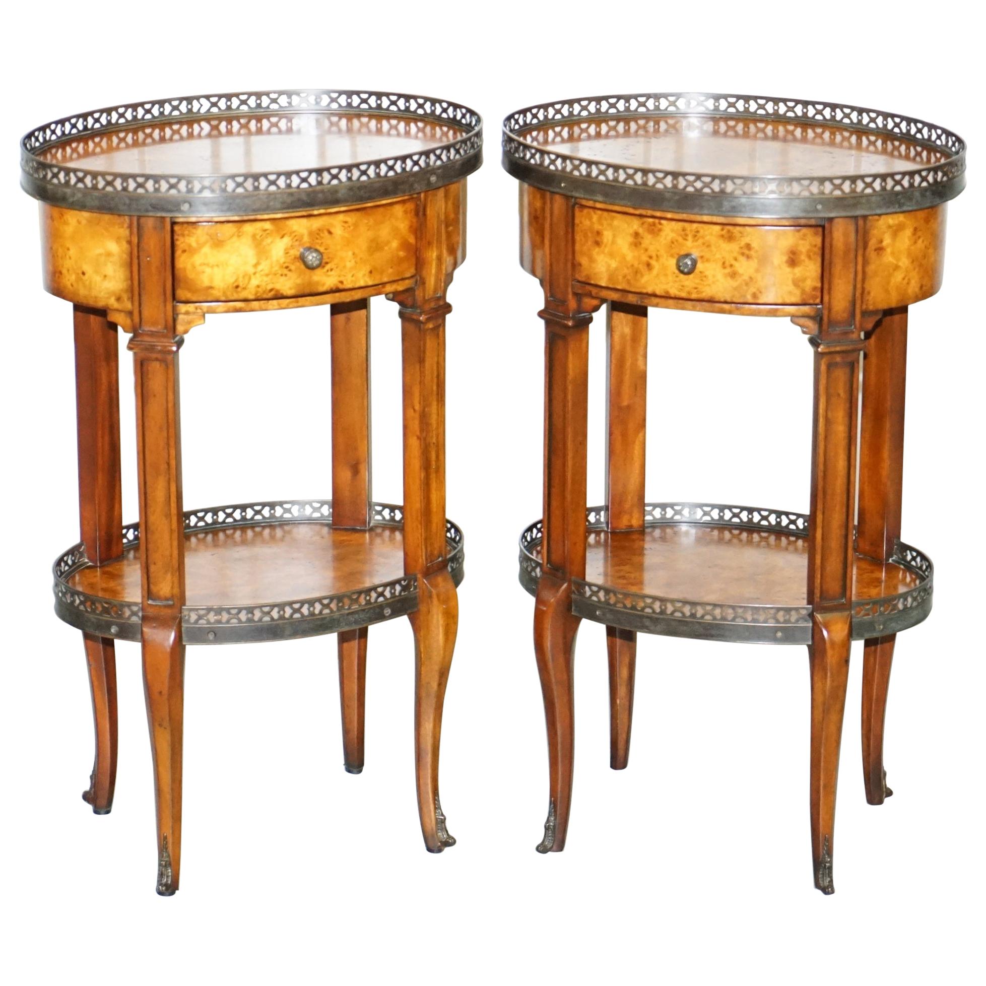 Pair of Burr Walnut Brass Gallery Rail Theodore Alexander Side End Lamp Tables