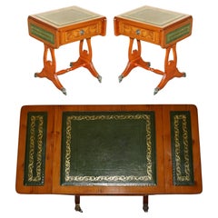 PAIR OF BURR WALNUT LEATHER EXTENDING SIDE END LAMP TABLES WITH LION PAW CASTORs