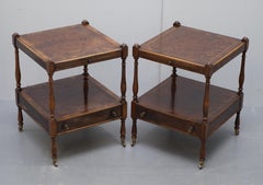 Pair of Burr Walnut Side Lamp End Wine Tables Brown Leather Butlers Serving Tray