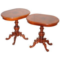 Pair of Burr Walnut & Walnut Oval Side End Lamp Wine Tables Lovely Timber Patina