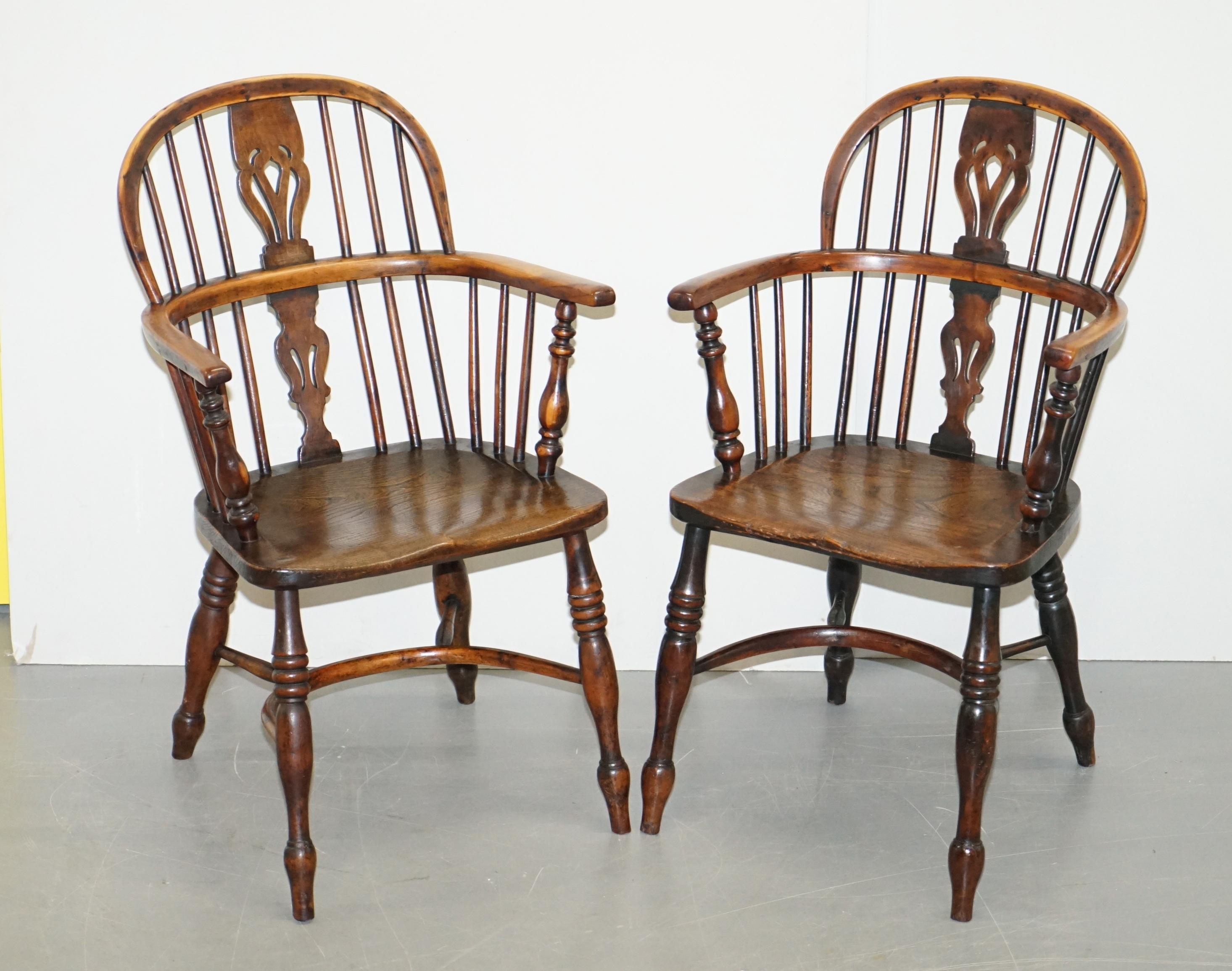 We are delighted to this lovely pair of solid Burr Yew with elm seat hand sawn circa 1860 Windsor stick back armchairs

I have six of these in stock, this exact pair and then four others which all have slight subtle variations, as such I am