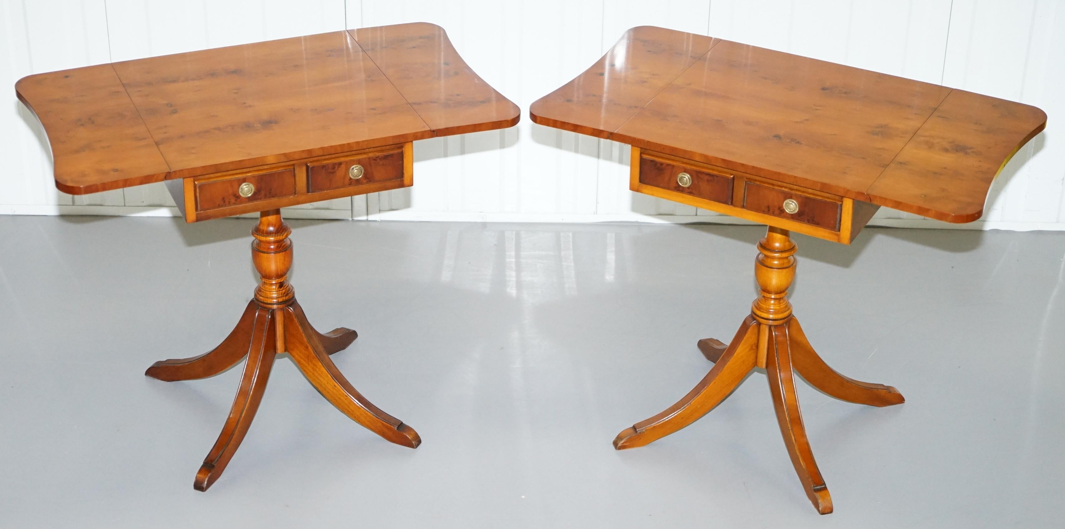 Pair of Burr Yew Wood Extending Side End Lamp Wine Tables Bevan Funnell Drawers 5
