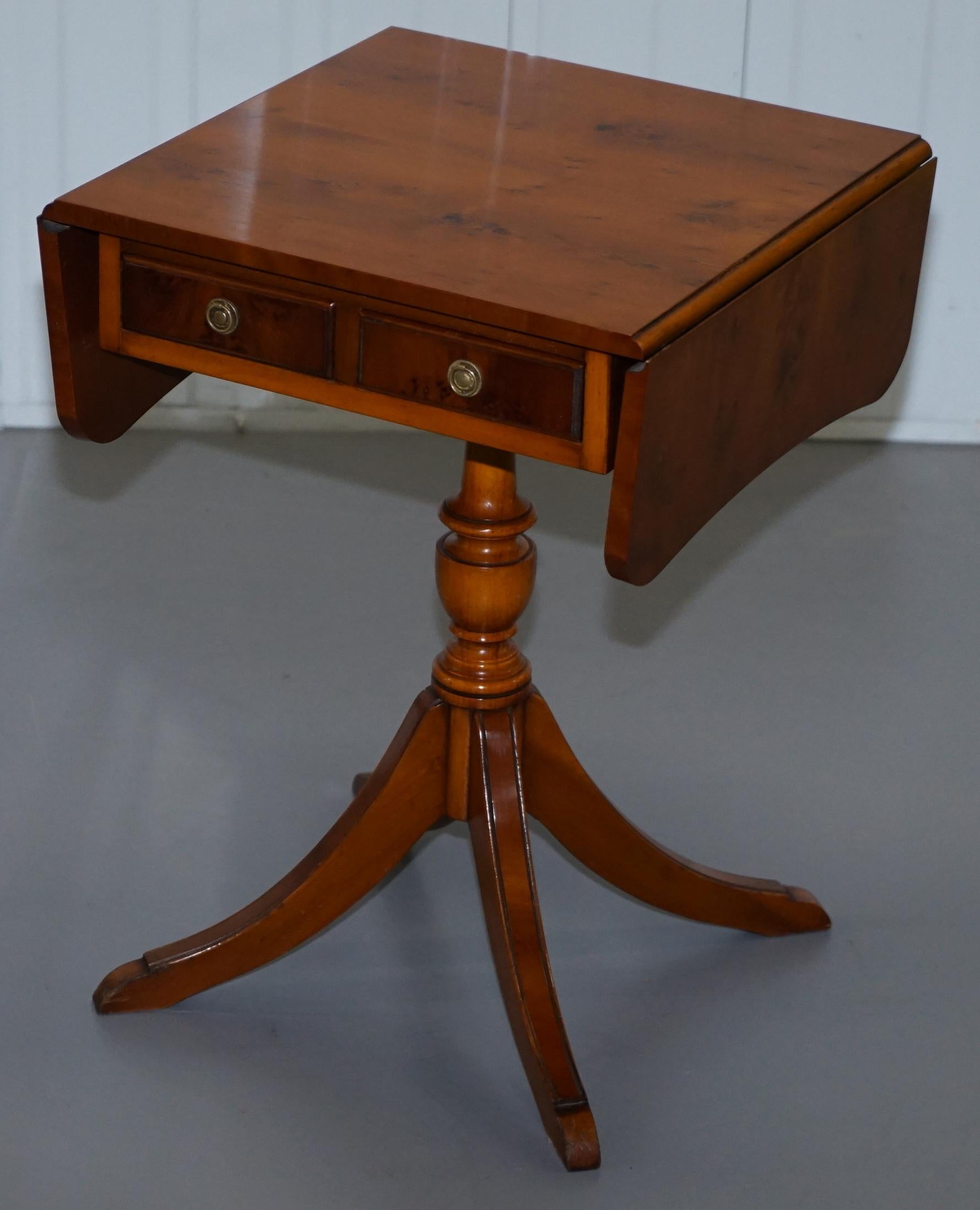 We are delighted to offer for sale this lovely pair of vintage Bevan Funnell Burr Yew wood extending side tables with twin drawers 

A good looking well made and multi functional pair, ideally suited as a lamp wine or even games card table, the