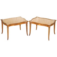 Antique Pair of Burr Yew Wood Ornately Crafted Side End Lamp Wine Tables, a Lovely Pair