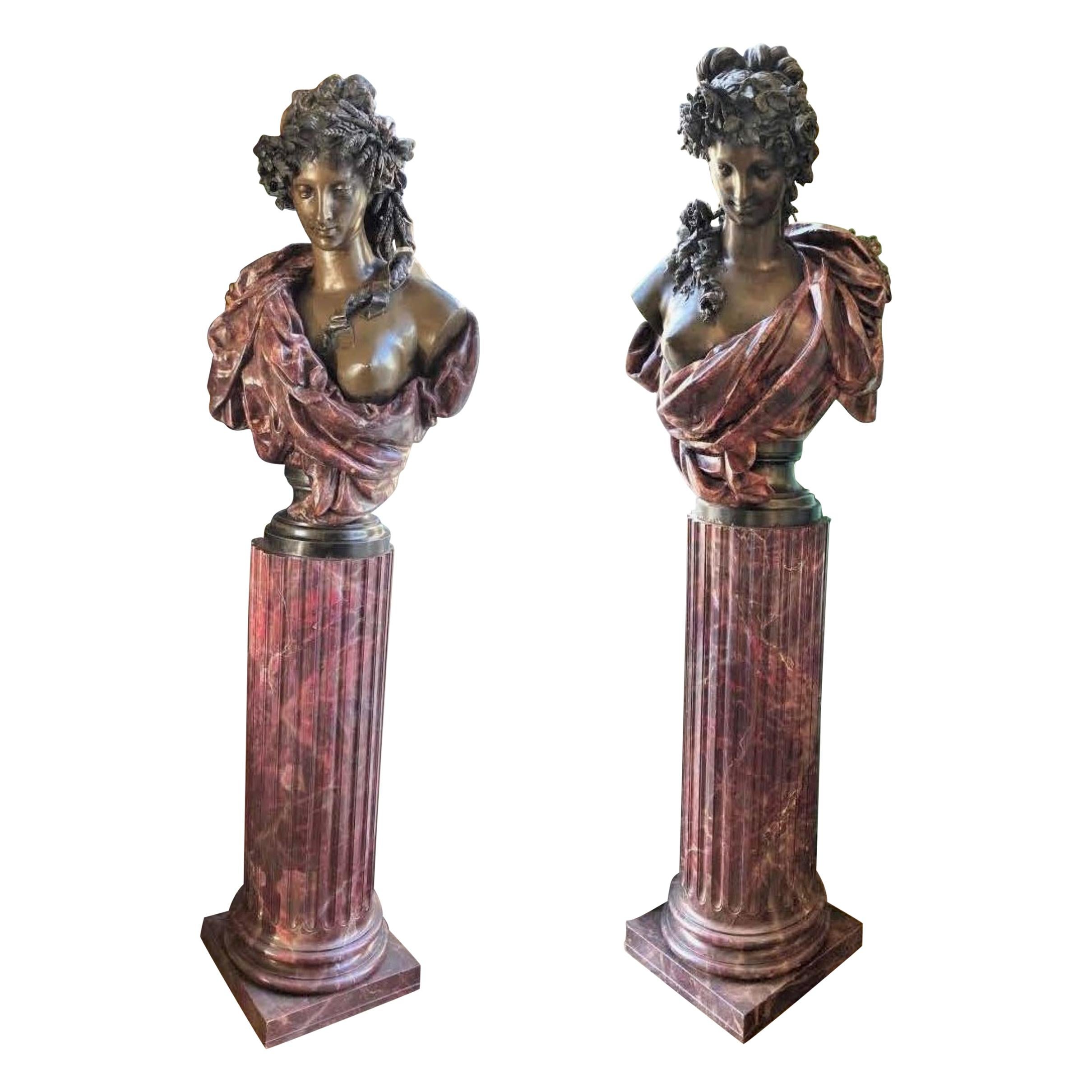 Pair Bust Depicting Summer & Spring Sculptures Statues on Pedestals LA Antiques