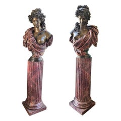 Antique Pair Bust Depicting Summer & Spring Sculptures Statues on Pedestals LA Antiques