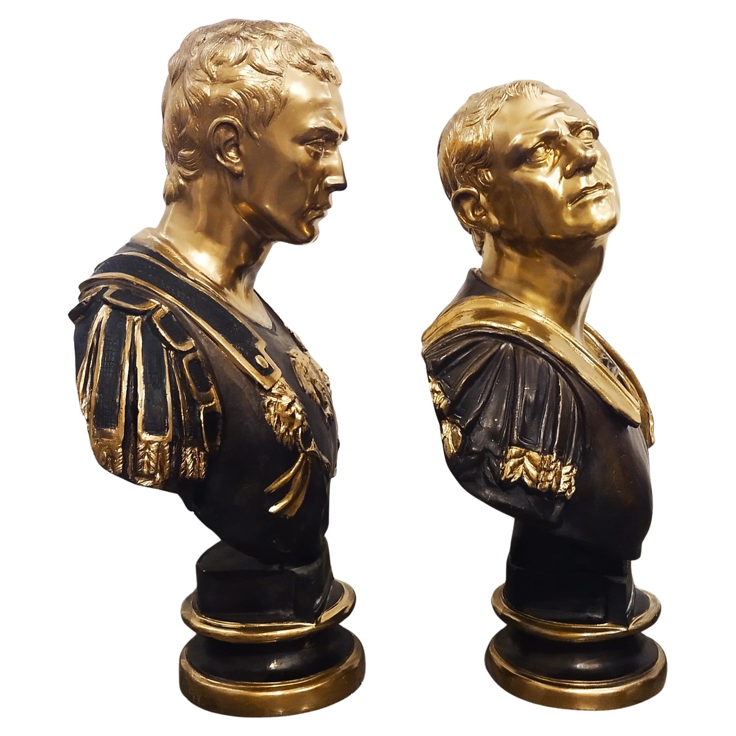 20th Century Pair of busts of emperor in gilded and patinated bronze, pair of bronze busts in vendita