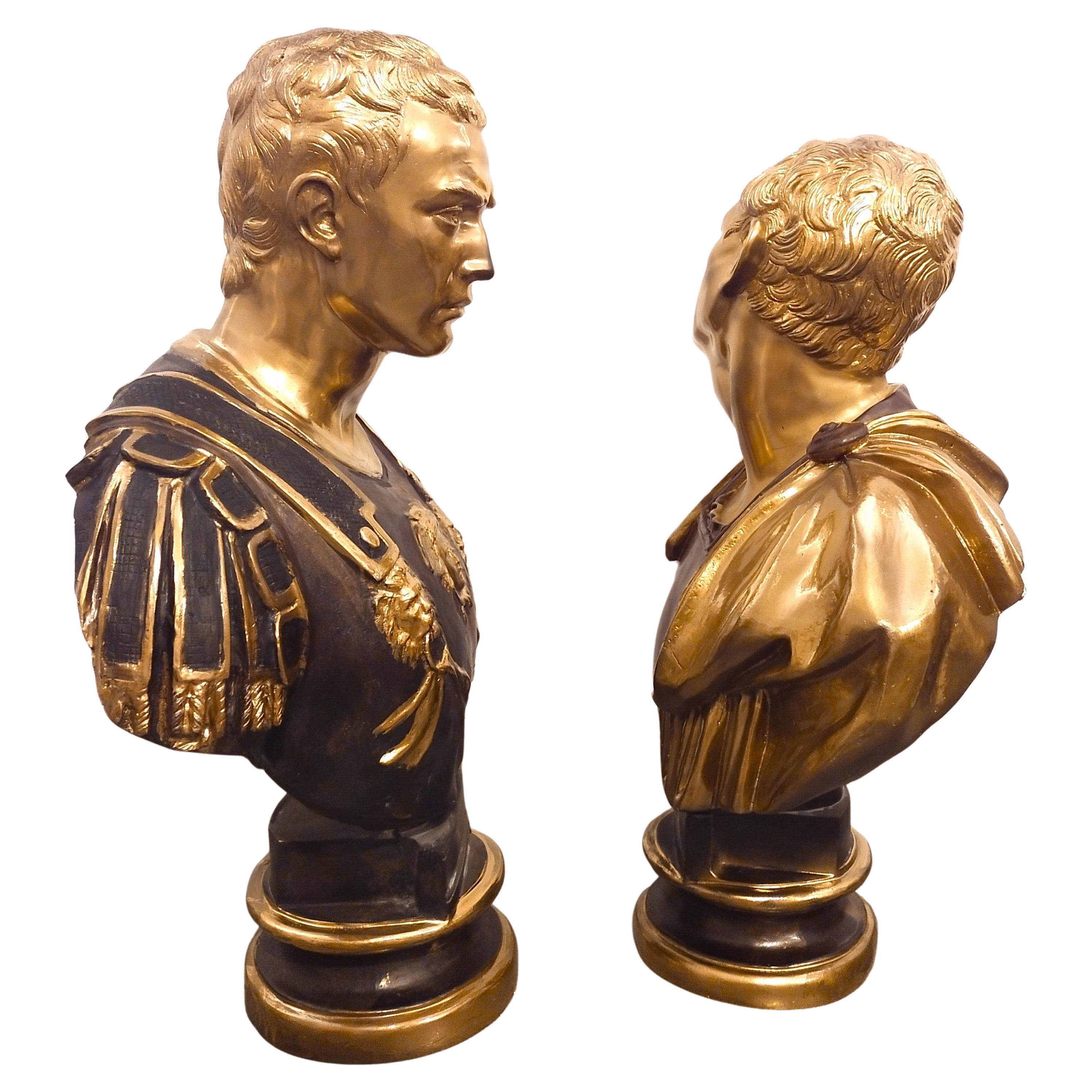 Bronzo Pair of busts of emperor in gilded and patinated bronze, pair of bronze busts in vendita