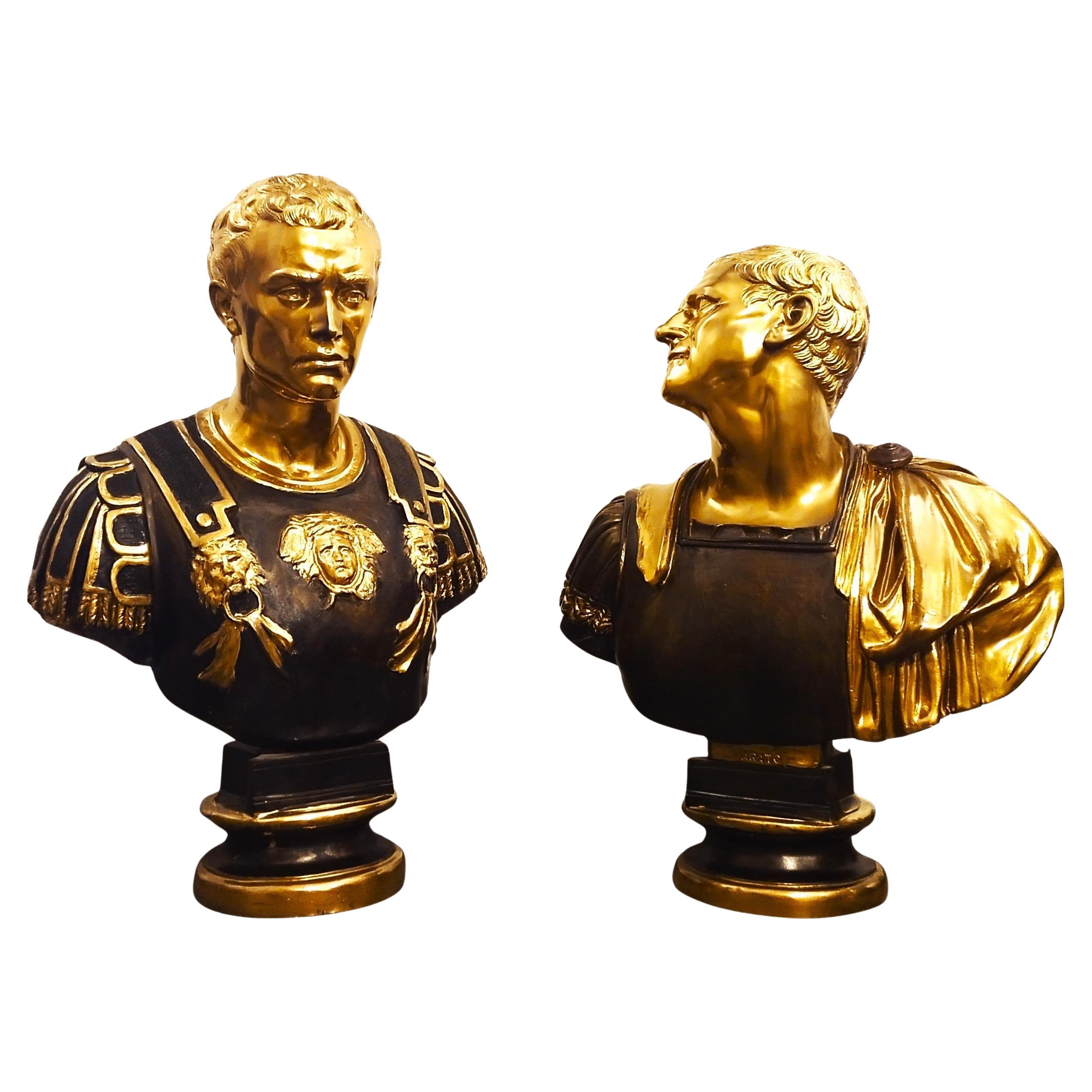 Pair of busts of emperor in gilded and patinated bronze, pair of bronze busts in vendita
