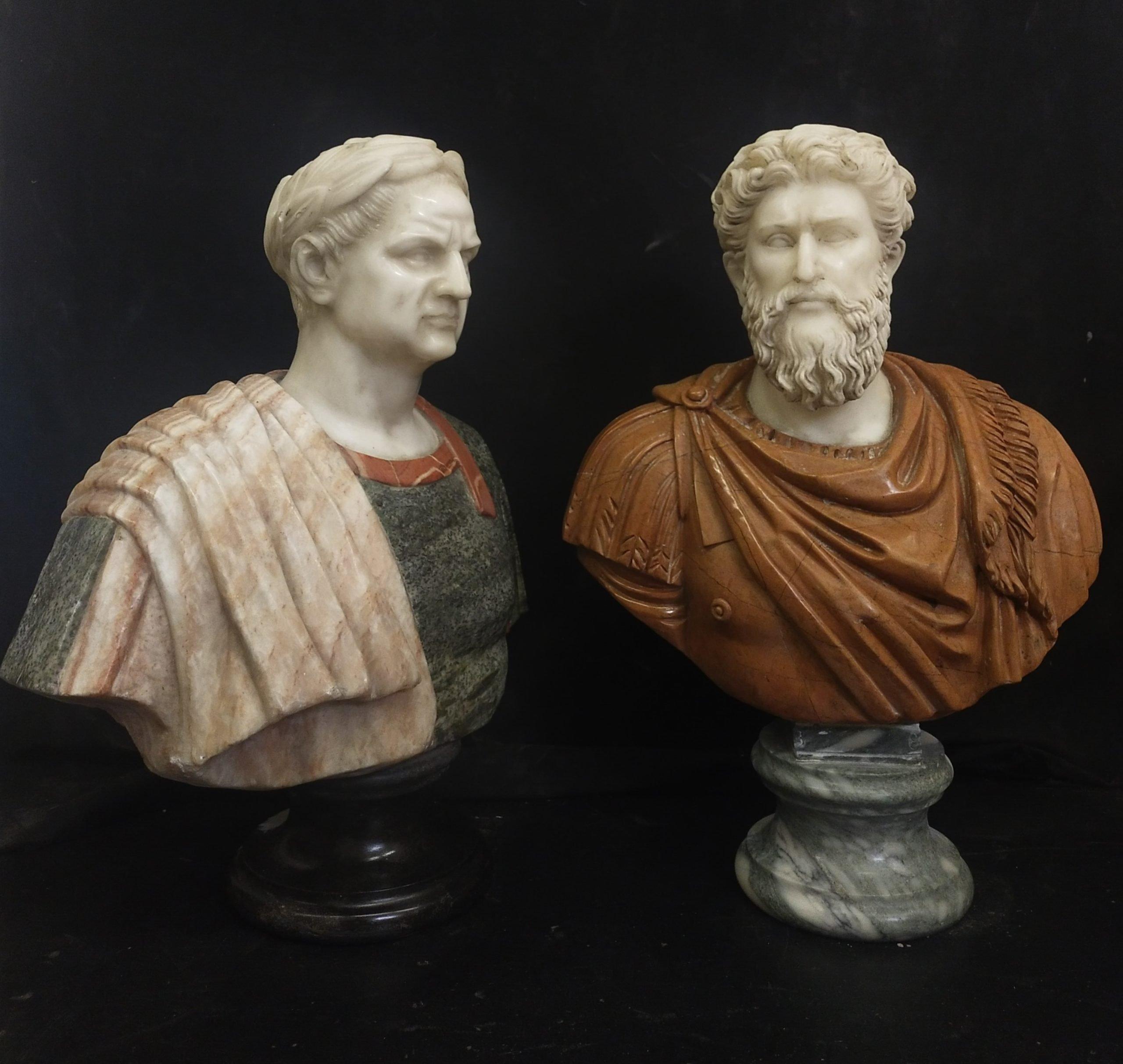pair of busts of Roman emperors in polychrome marble,ADDITIONAL PHOTOS, INFORMATION OF THE LOT AND QUOTE FOR SHIPPING COST CAN BE REQUEST BY SENDING AN EMAIL