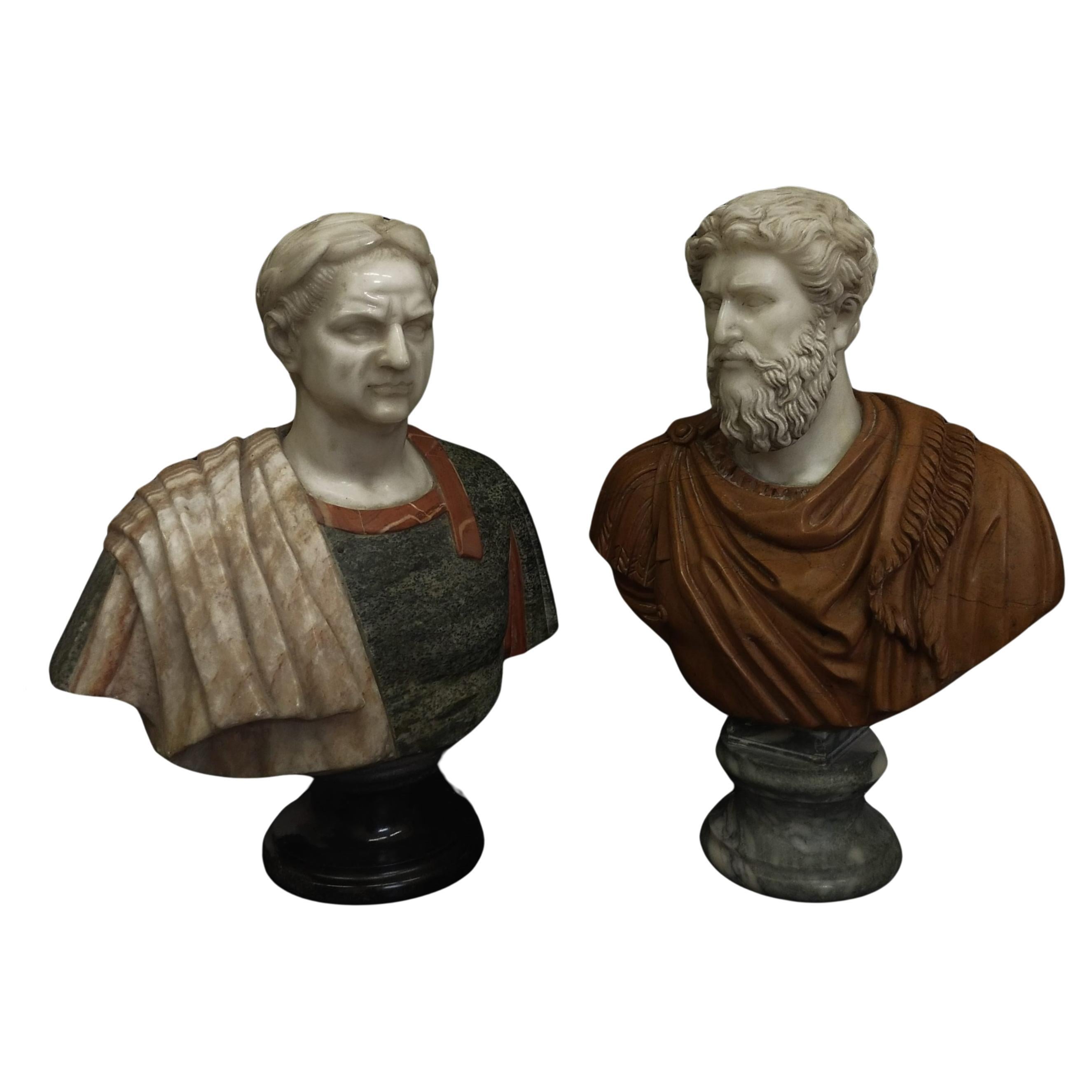 Pair of busts of Roman emperors in polychrome marb For Sale