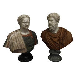 Pair of busts of Roman emperors in polychrome marb