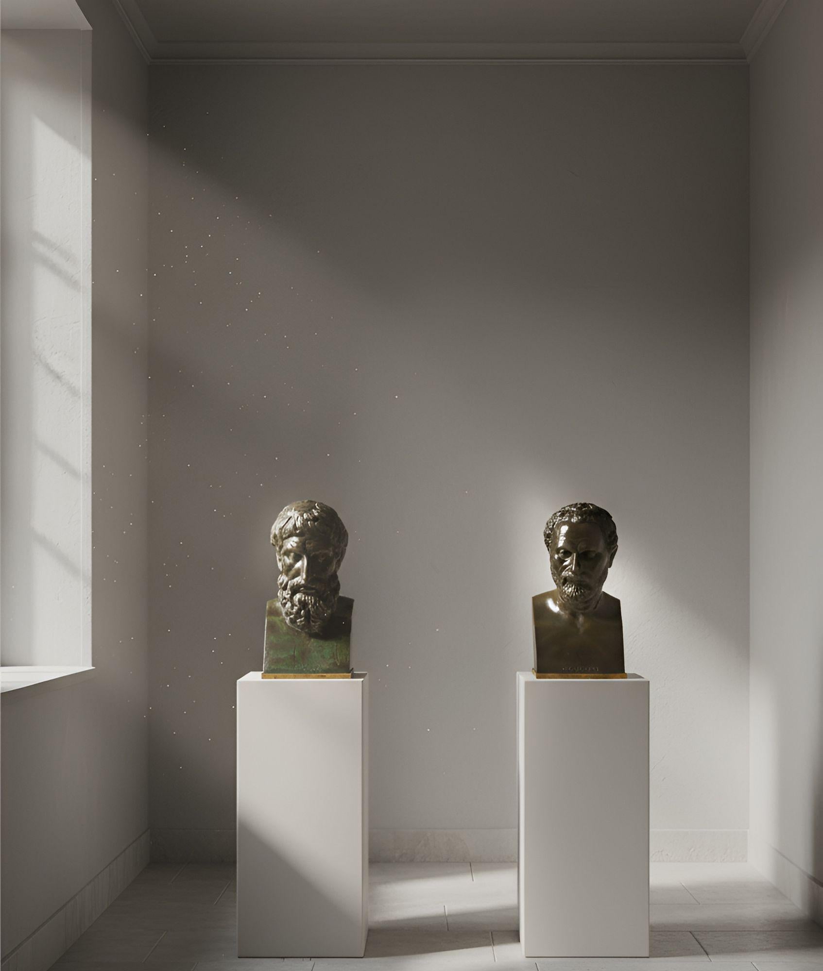 IMPORTANT PAIR OF BUSTS OF PYTHAGORAS AND EPICURUS
Circa late 18th century
Attributed to the workshop of Giacomo and Giancarlo Zoffoli
Unsigned, black and green patina with gilt bronze rim

18 3/8